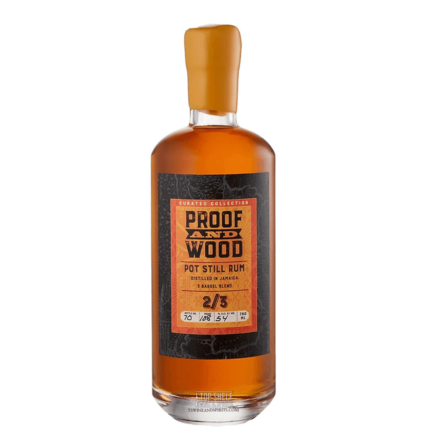 Bottle of Proof and Wood 2/3 Pot Still Rum, aged in bourbon and rye barrels, showcasing rich amber color and unique label.