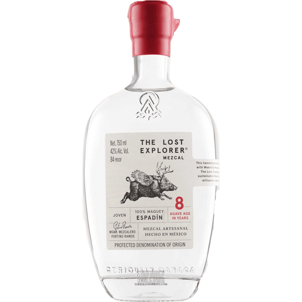 The Lost Explorer Espadín 8 Year Mezcal bottle, 100% agave, featuring a sweet and herbaceous expression.