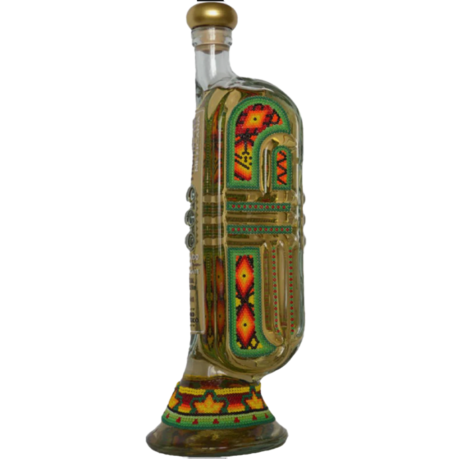 Torero Trompeta Reposado Tequila bottle shaped like a trumpet, featuring colorful traditional Mexican designs.