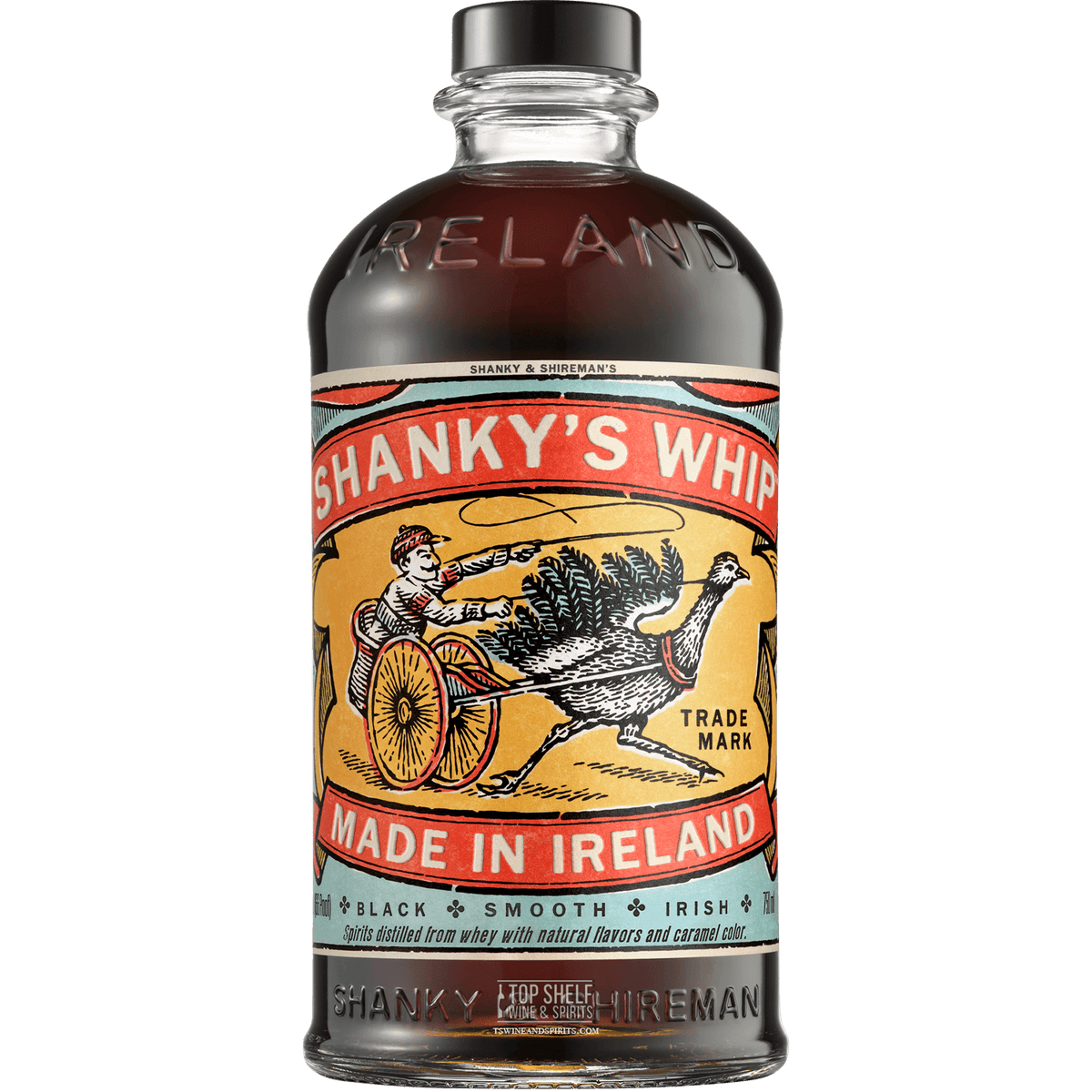 Shanky's Whip Black Irish Whiskey bottle showcasing its unique design and smooth flavors from County Cavan, Ireland.