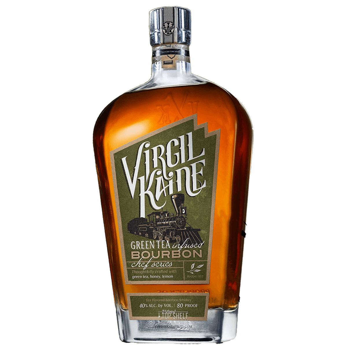 Virgil Kaine Green Tea Infused Chef Series Whiskey bottle showcasing sweet, herbal bourbon with honey, lemon, and mint notes.