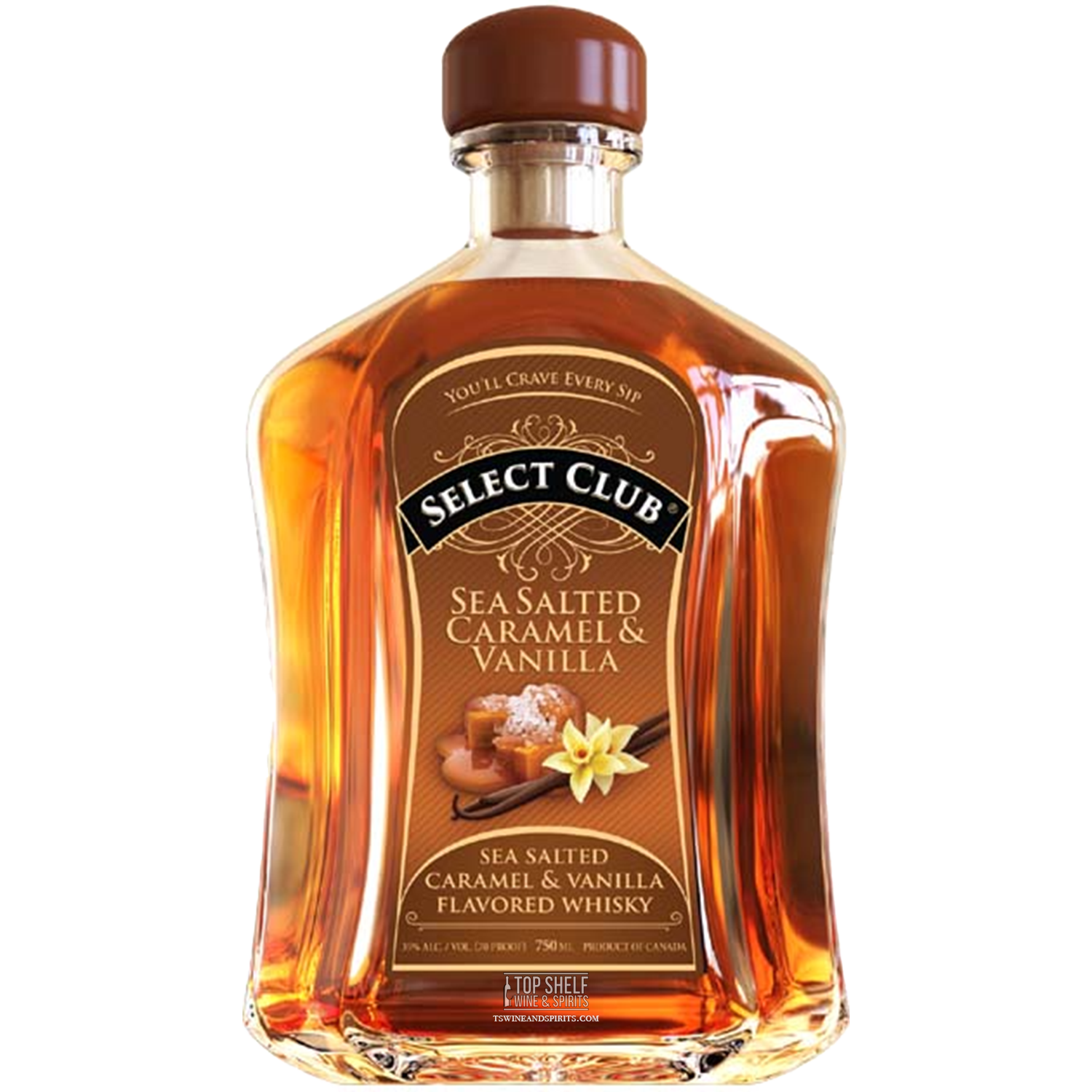 Select Club Sea Salted Caramel and Vanilla Whiskey bottle showcasing rich flavors and elegant design.