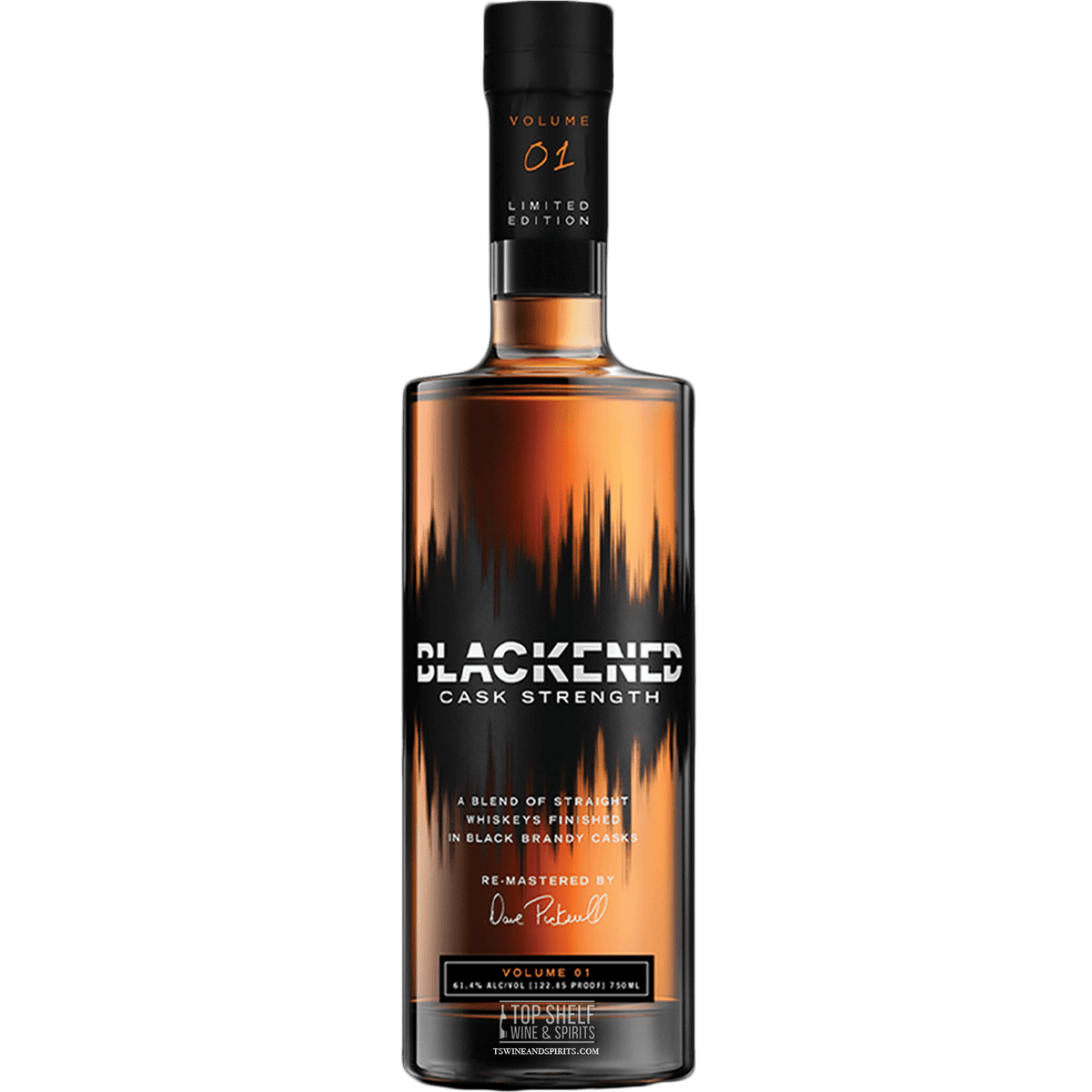 Blackened Volume 1 Cask Strength Blended Whiskey bottle, limited edition, finished in black brandy casks and bottled at cask strength.