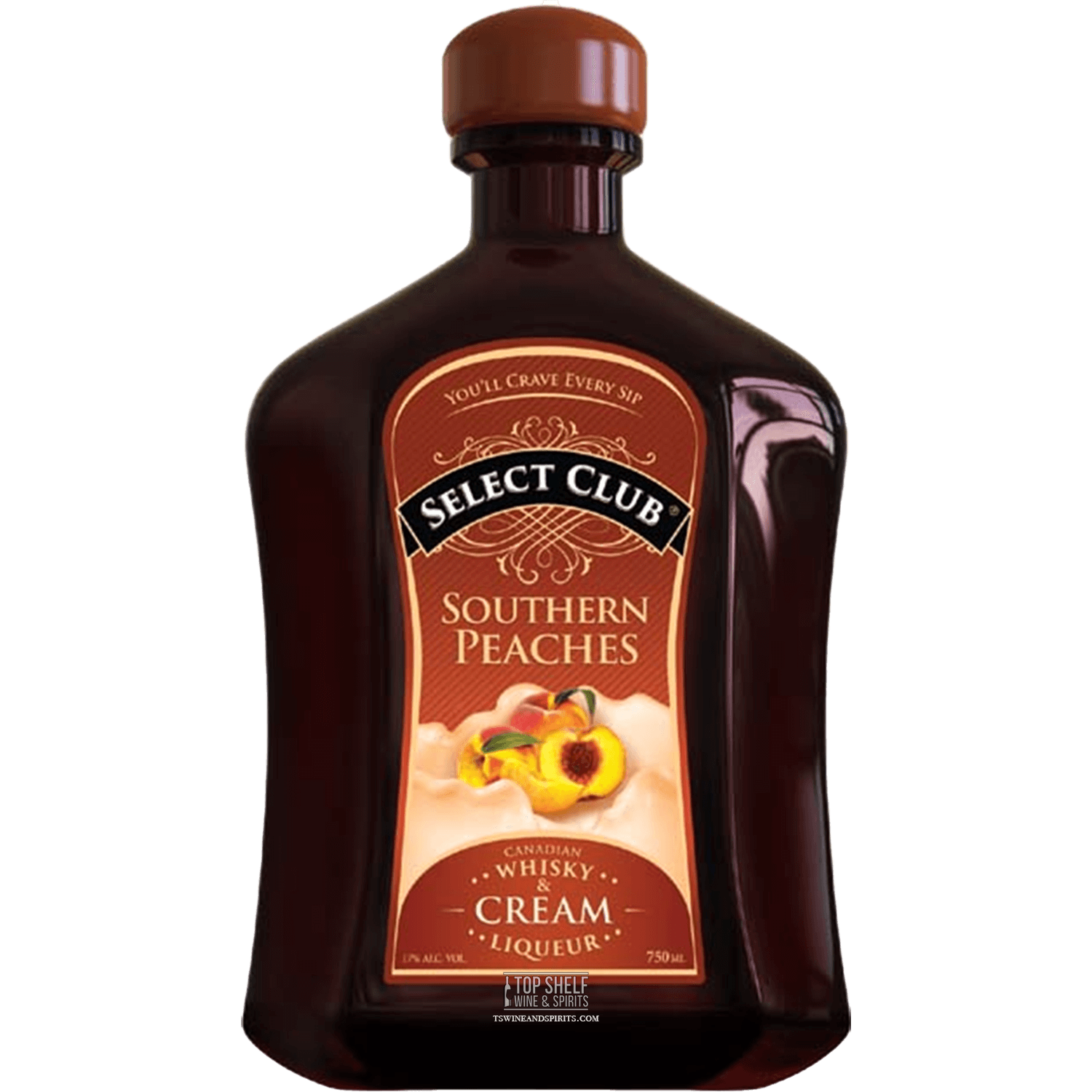Select Club Southern Peaches whisky and cream liqueur bottle with peach design, ideal for cocktails and dessert-inspired drinks.
