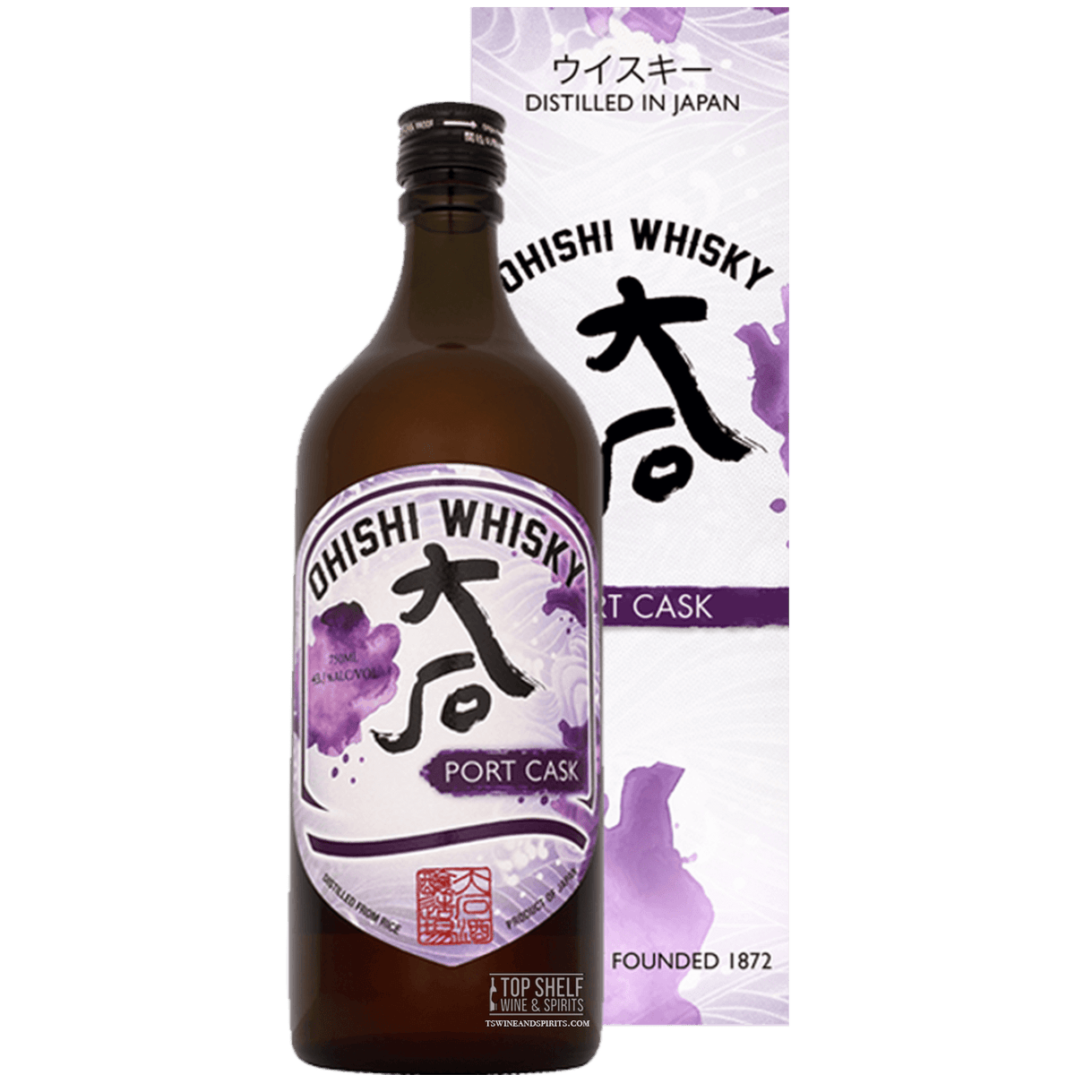 Ohishi Port Cask Japanese Whiskey bottle and packaging, showcasing rich flavors and elegant design.