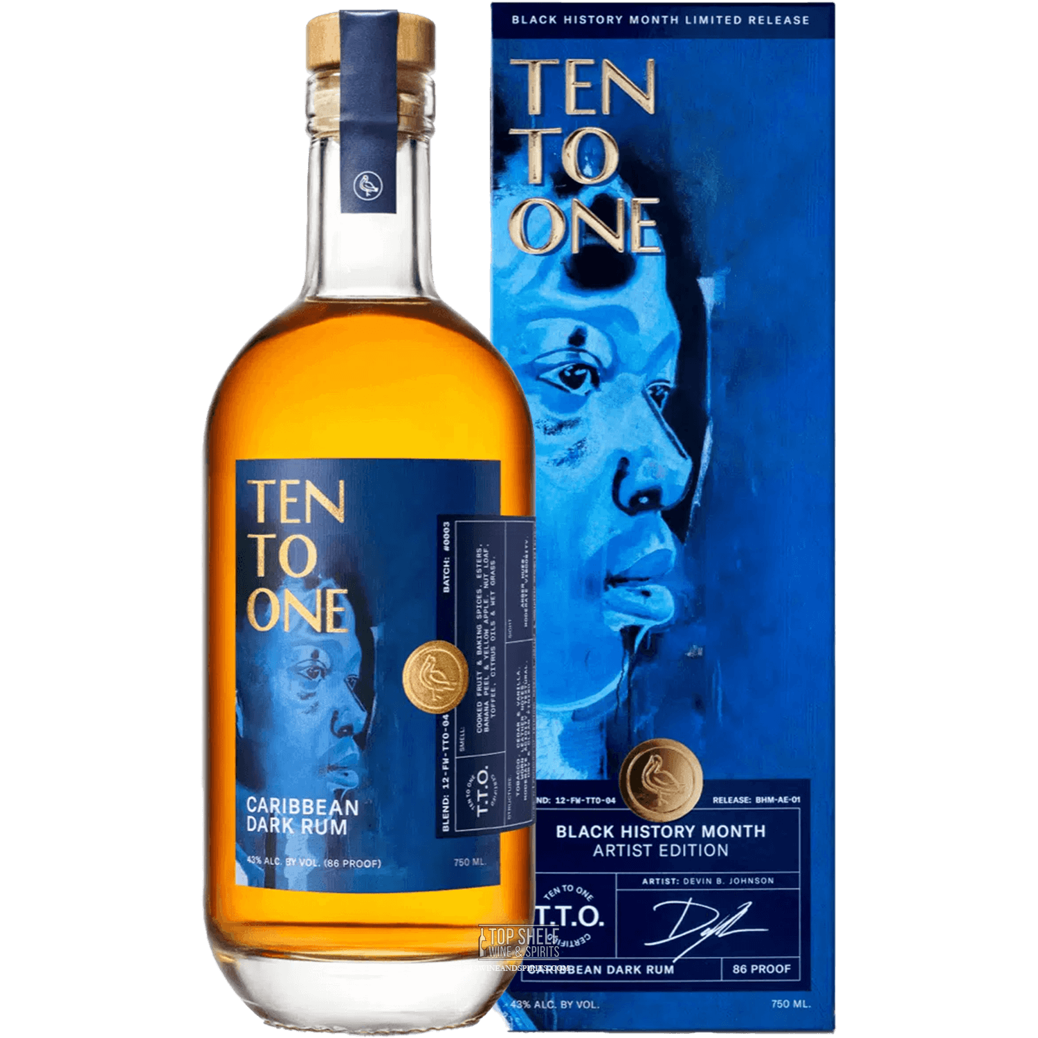 Ten To One Caribbean Dark Rum Black History Month Edition bottle and packaging featuring artwork by Devin B. Johnson.