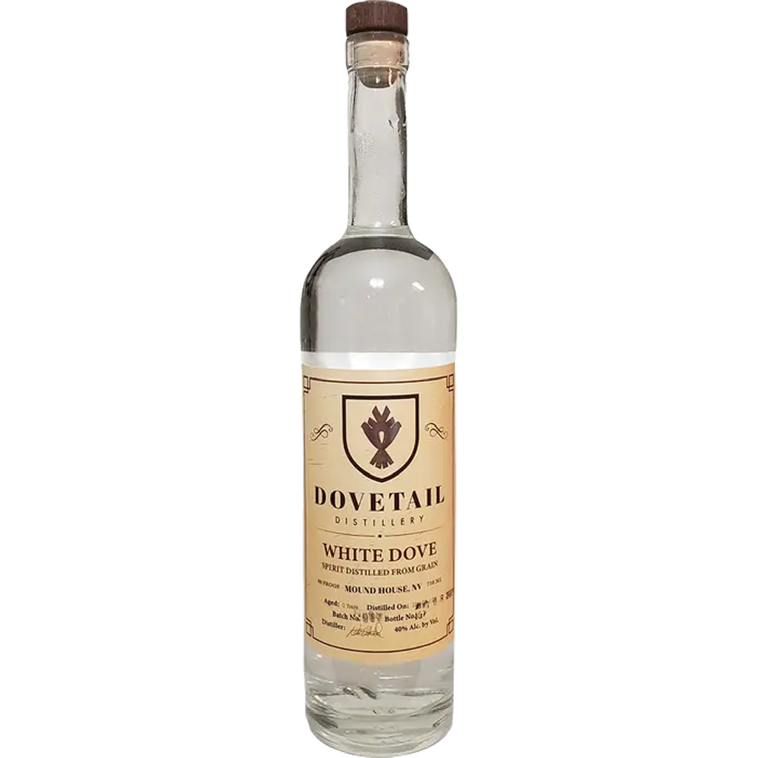 Dovetail Distillery White Dove Grain Spirit bottle showcasing its clear liquid and elegant label design.