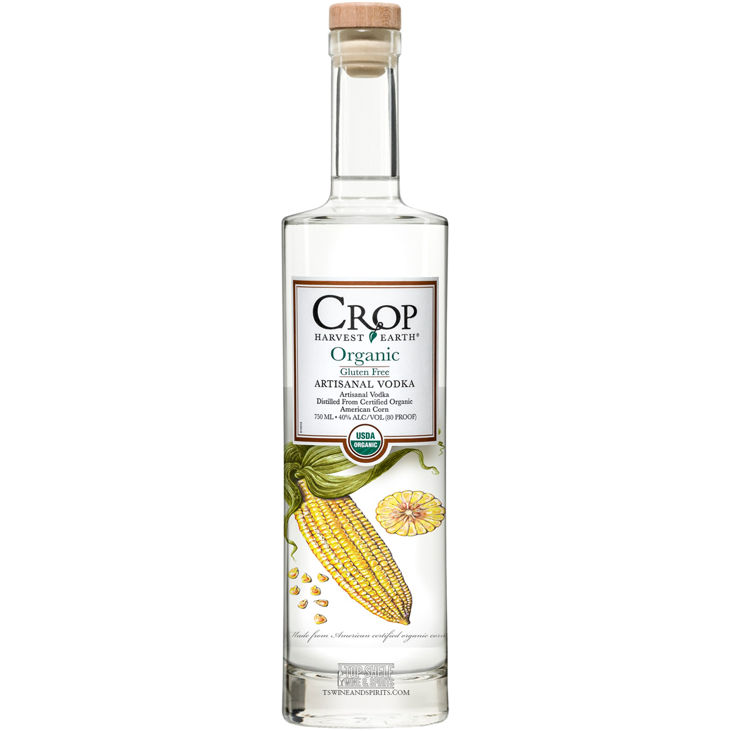 Bottle of Crop Organic Vodka made from USDA certified organic grain, showcasing eco-friendly artisanal spirit.