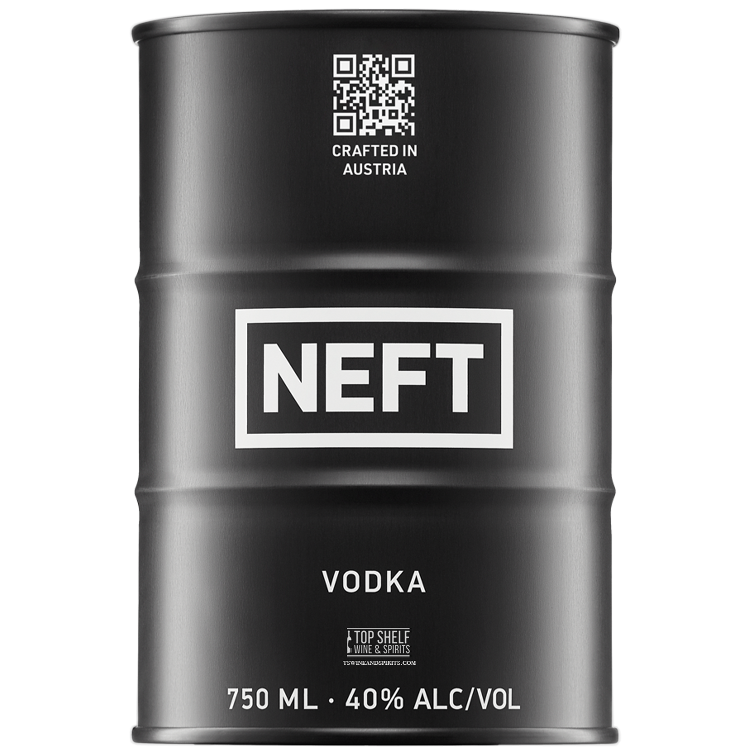 NEFT Black Barrel Vodka bottle, crafted in Austria, showcasing minimalist design, 750 ML, 40% alc/vol.