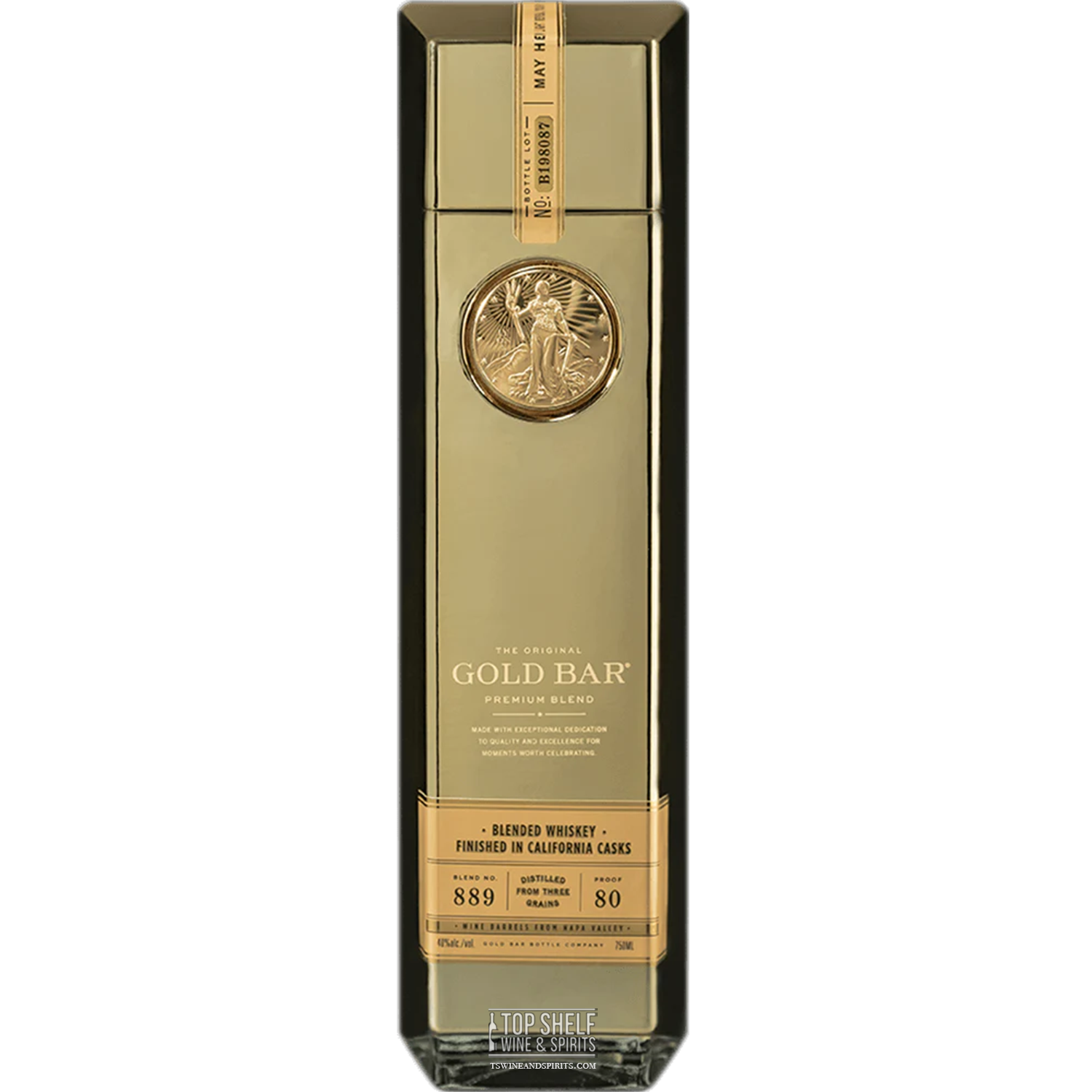 Gold Bar Original Premium Blended Whiskey bottle, 80 proof, finished in Napa Valley wine barrels, smooth flavor profile.
