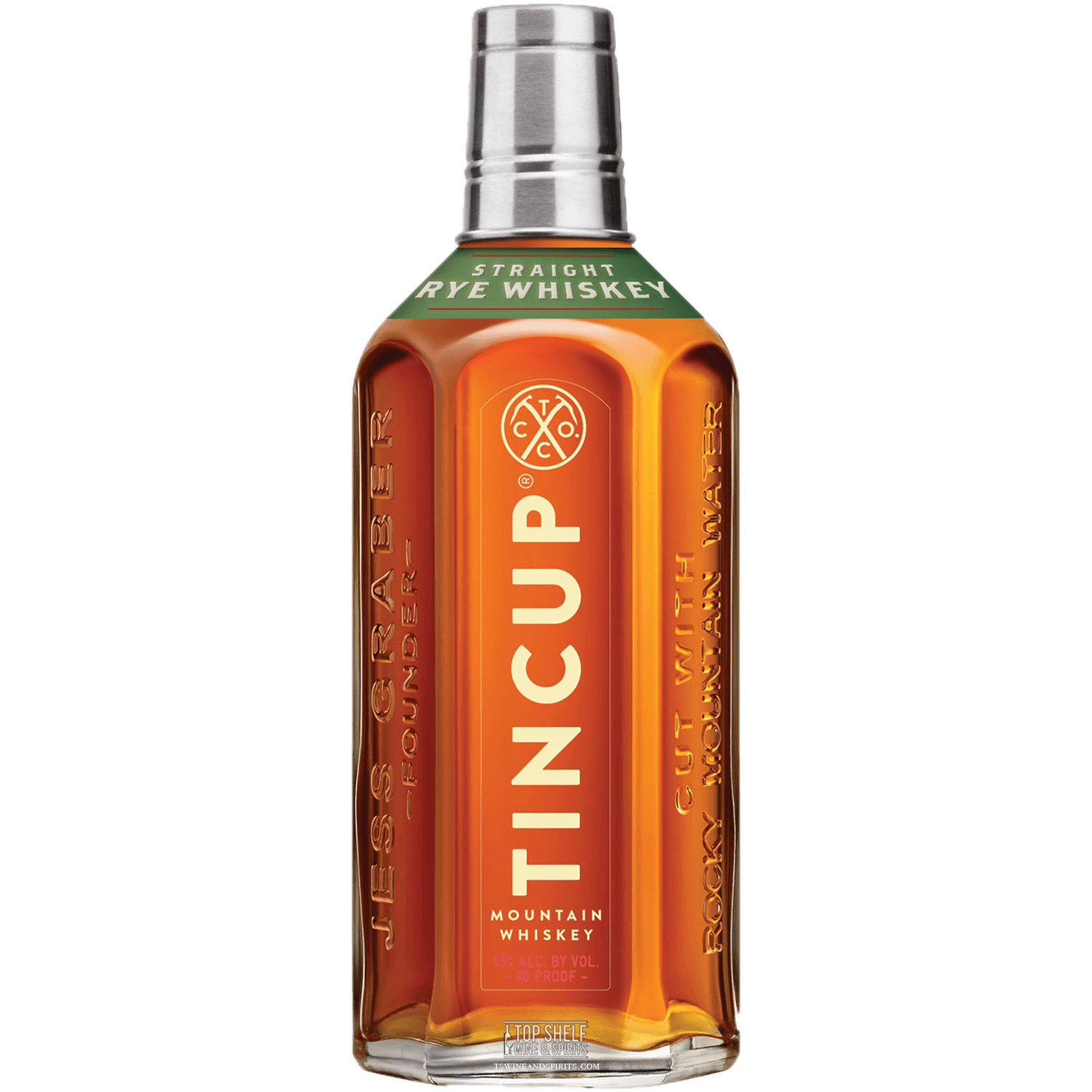 Bottle of TINCUP Straight Rye Whiskey, celebrating Colorado's mining history with bold flavors.