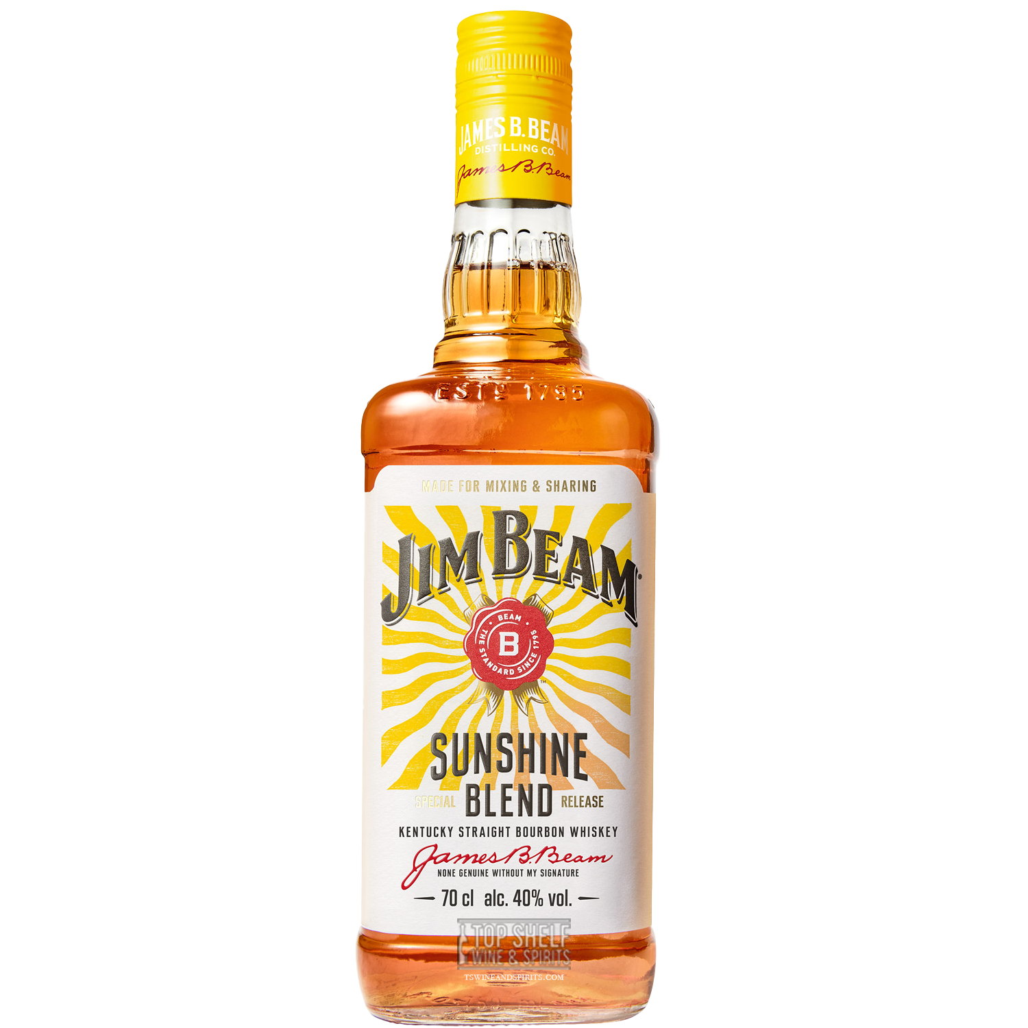 Jim Beam Sunshine Bourbon bottle with floral and fruity flavor profile, ideal for summer drinks.