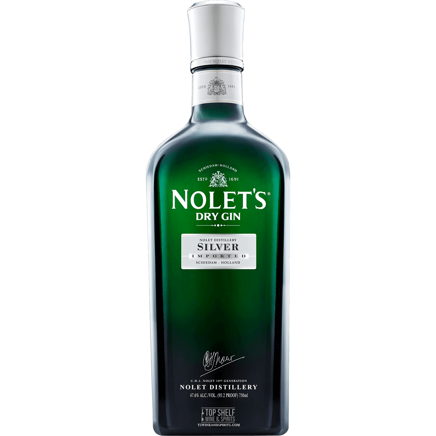 Bottle of Nolet's Dry Gin Silver, featuring unique botanicals, 47.6% Alc./Vol., perfect for modern gin enthusiasts.
