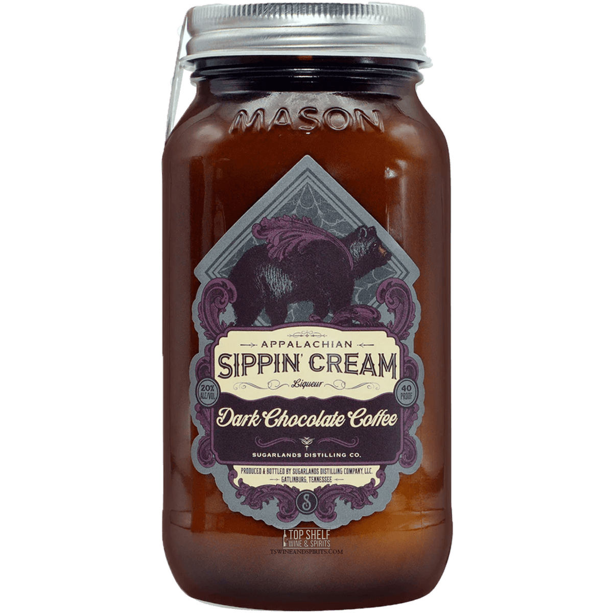 Sugarlands Shine Dark Chocolate Coffee Sippin’ Cream in a mason jar, featuring rich cacao and roasted coffee aroma.