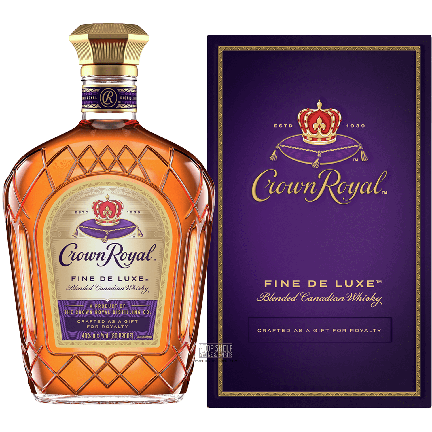Crown Royal Deluxe Whisky bottle and packaging, a blend of 50 Canadian whiskies with hints of oak and vanilla.