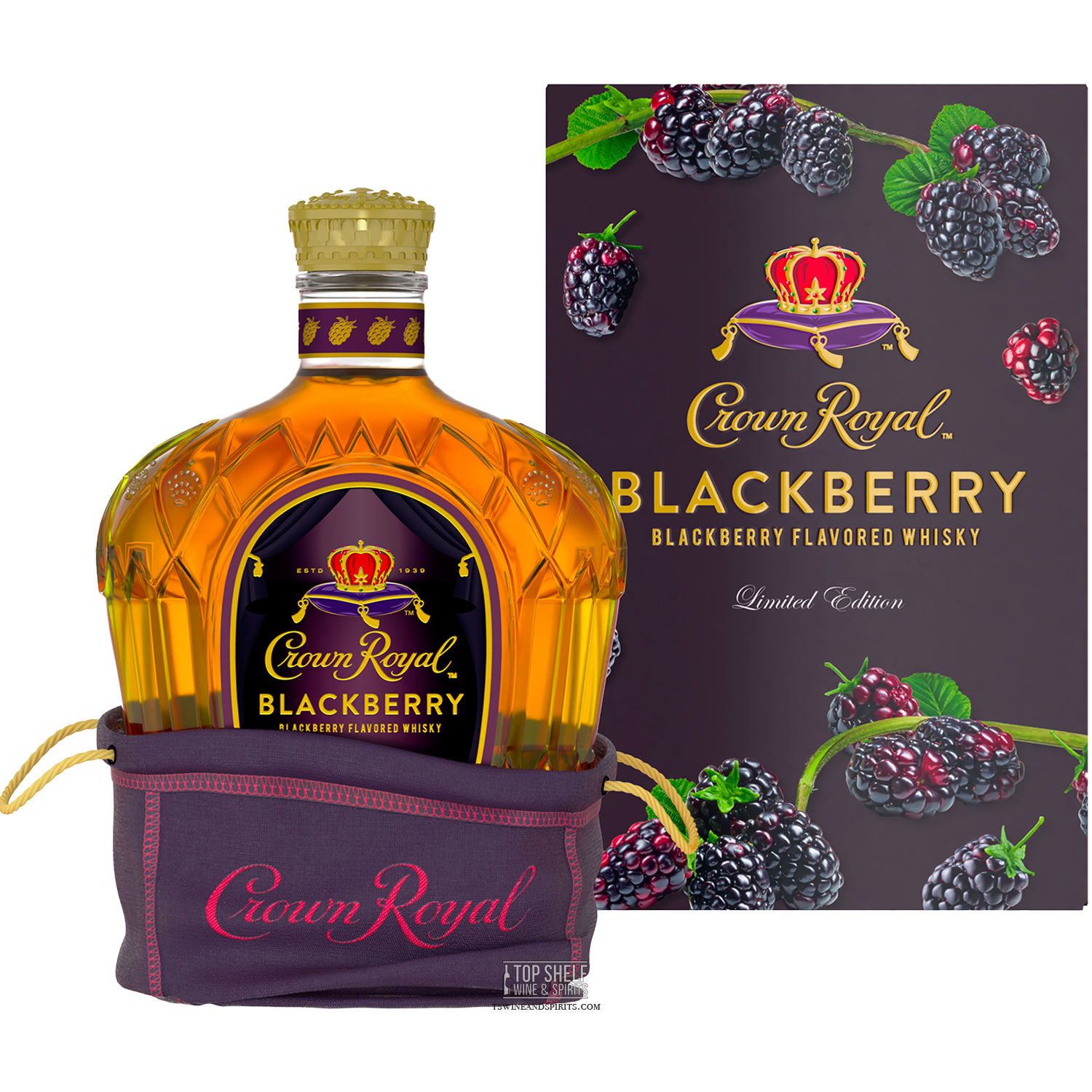 Crown Royal Blackberry Flavored Whisky bottle with limited edition packaging and fresh blackberries.