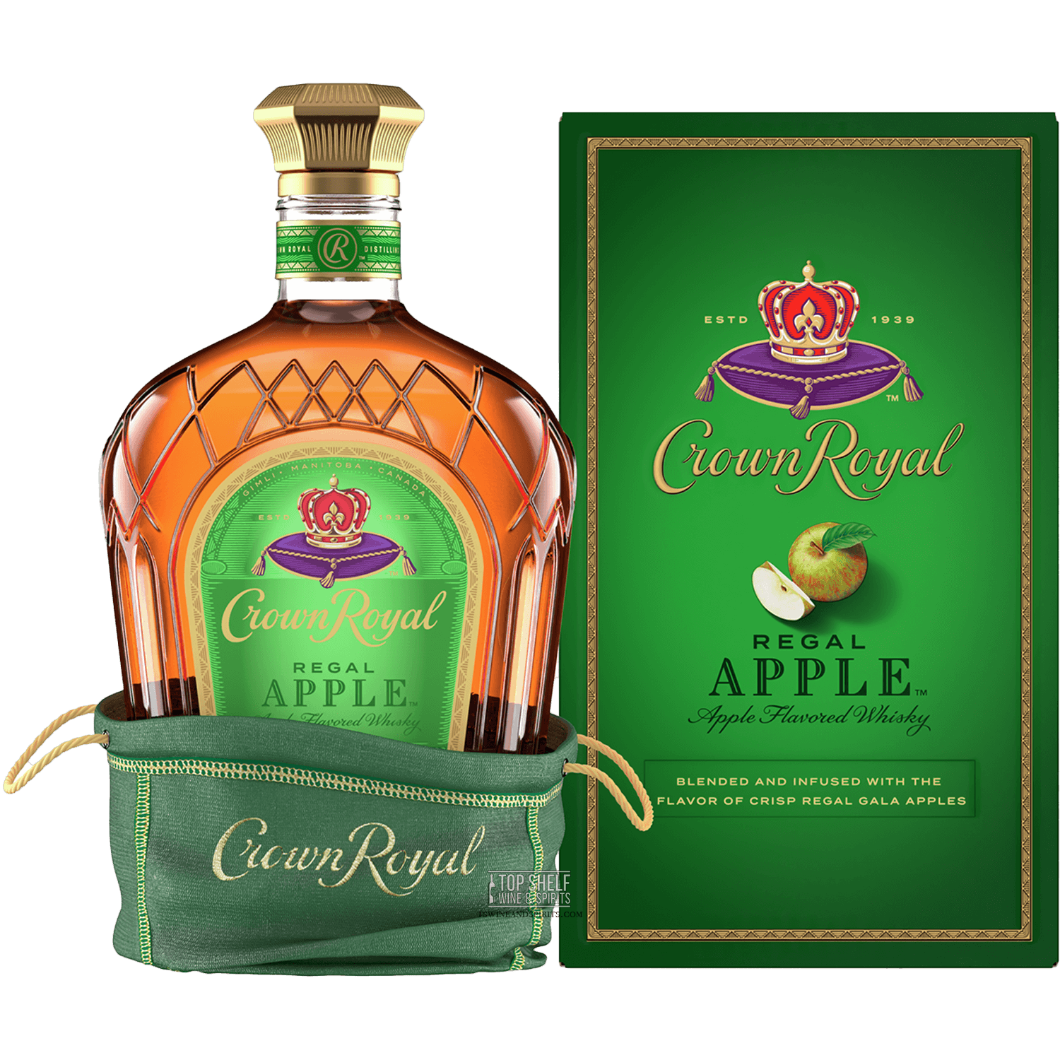 Crown Royal Apple whisky bottle with green packaging, infused with crisp Regal Gala apple flavor.