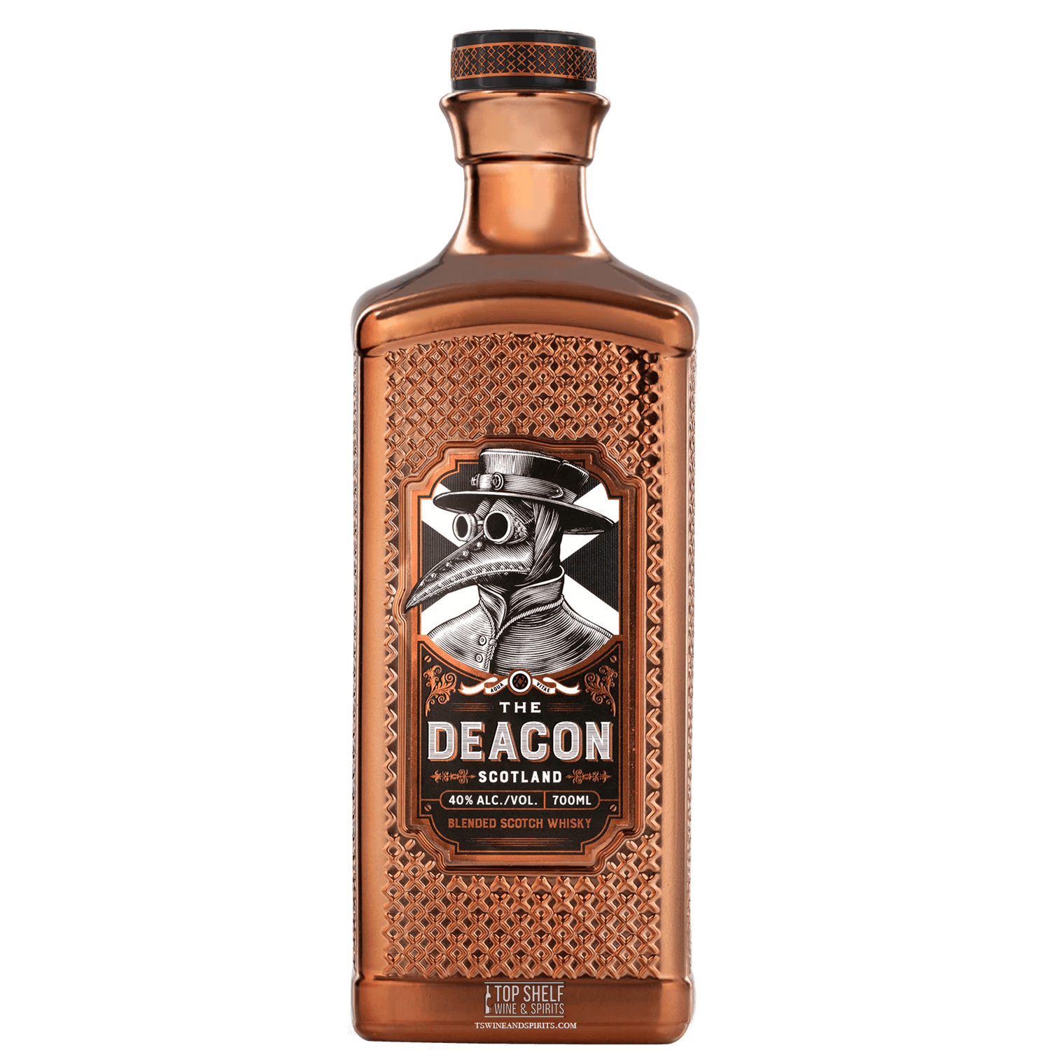 The Deacon Scotland Blended Scotch Whisky in an ornate bottle with unique design and bold flavor profile.