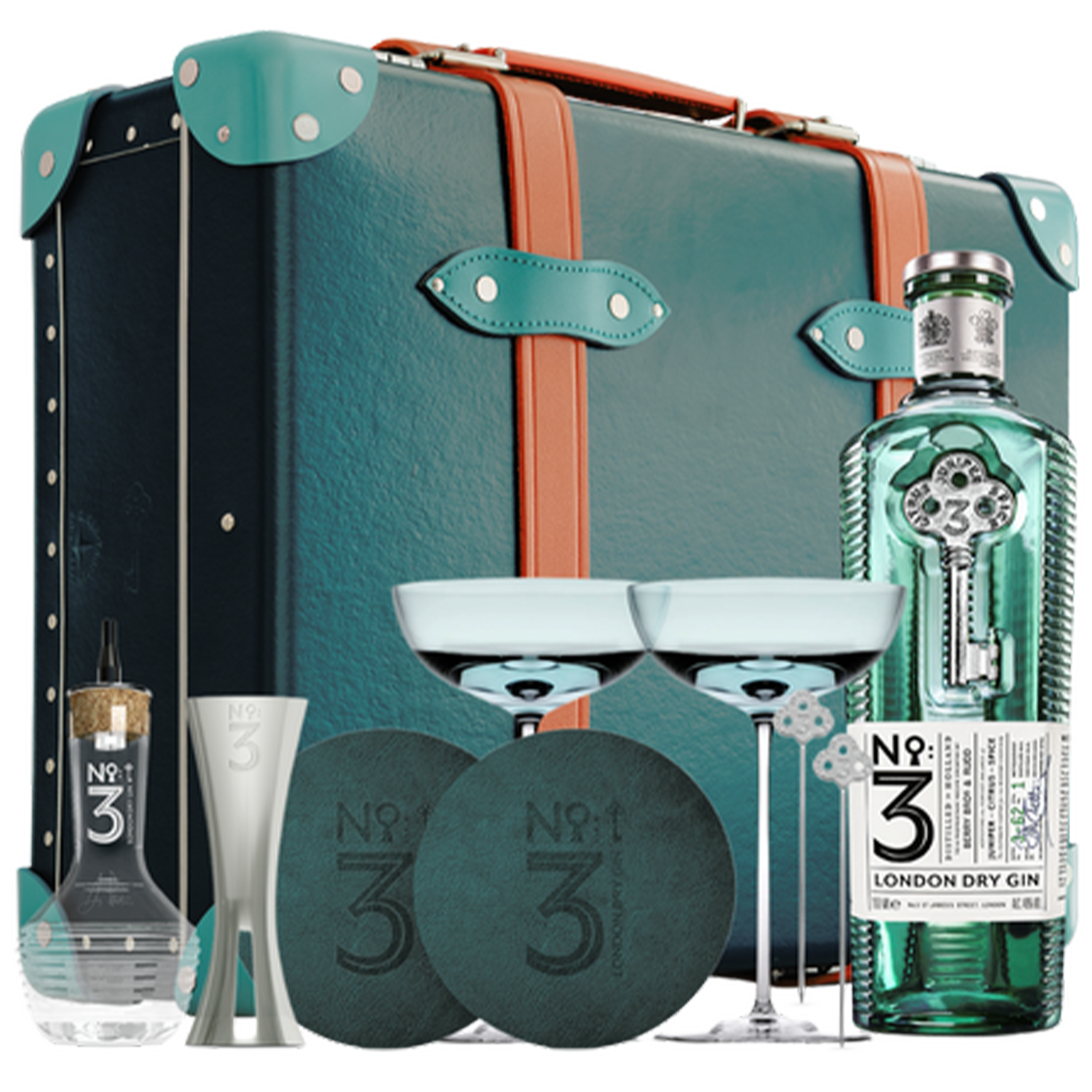 No 3 London Dry Gin Globe Trotter Martini case with glasses and accessories for a luxury cocktail experience.