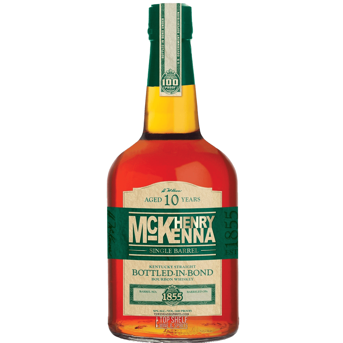 Henry McKenna Single Barrel 10 Year Bottled-in-Bond Bourbon whiskey bottle, aged 10 years, featuring a vibrant amber color.