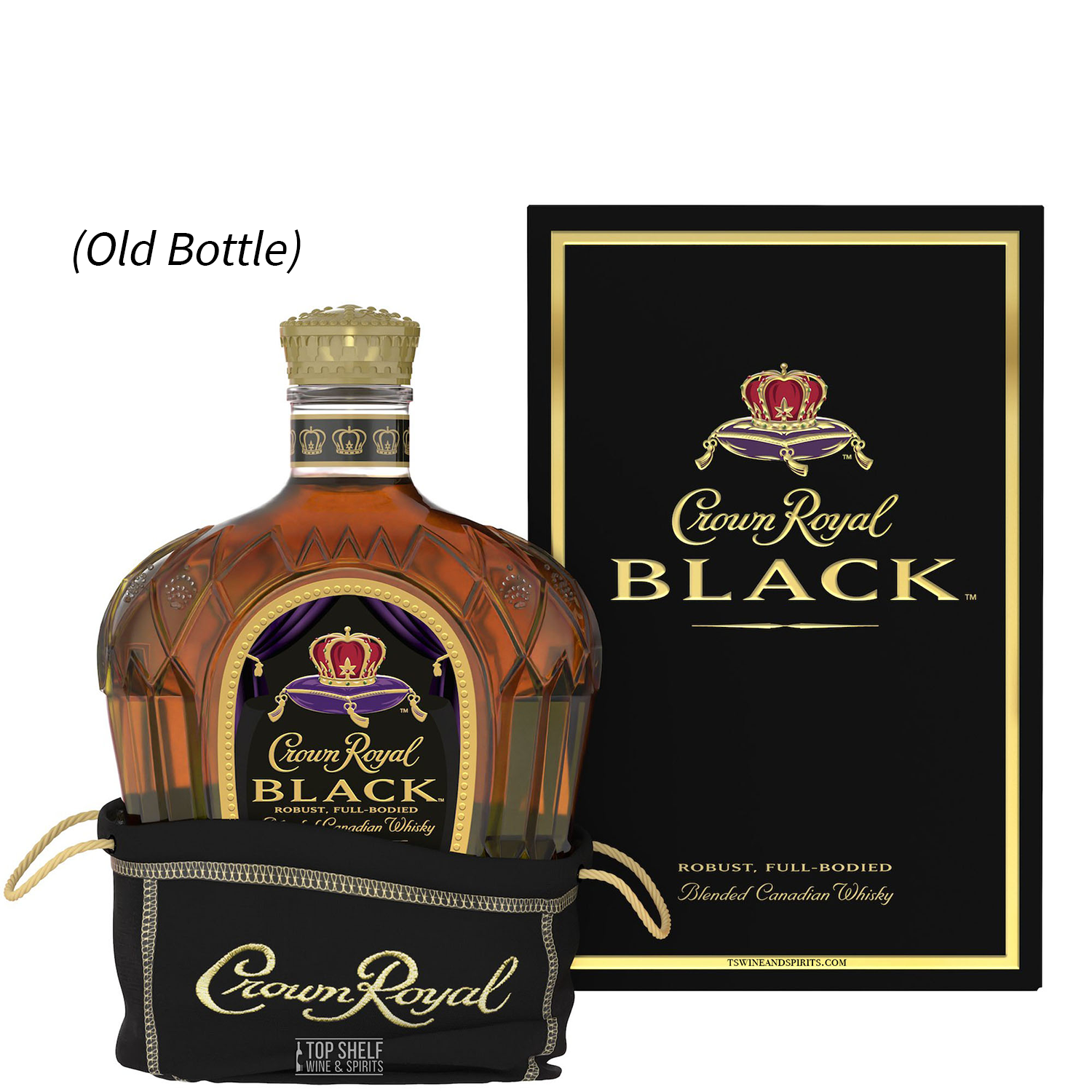 Crown Royal Black Canadian Whisky bottle with signature bag and box, showcasing a robust and full-bodied premium blend.