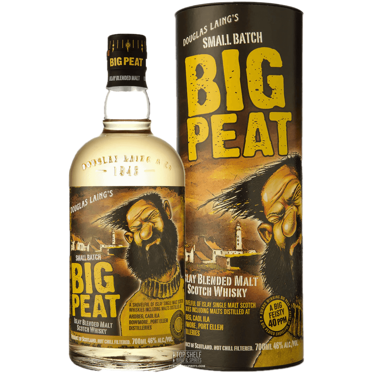 Douglas Laing's Big Peat Islay Blended Malt Scotch Whisky bottle and packaging, showcasing small batch and unique Islay malts.