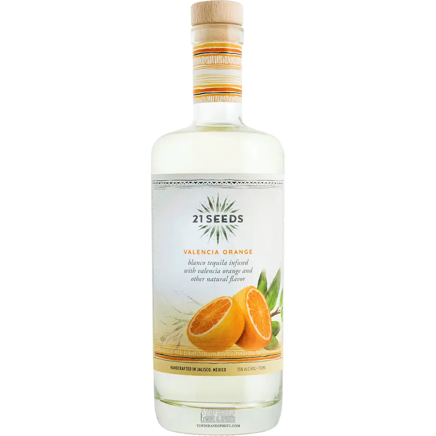 21 Seeds Valencia Orange Tequila bottle with fresh oranges, showcasing its all-natural infusion for summer cocktails.