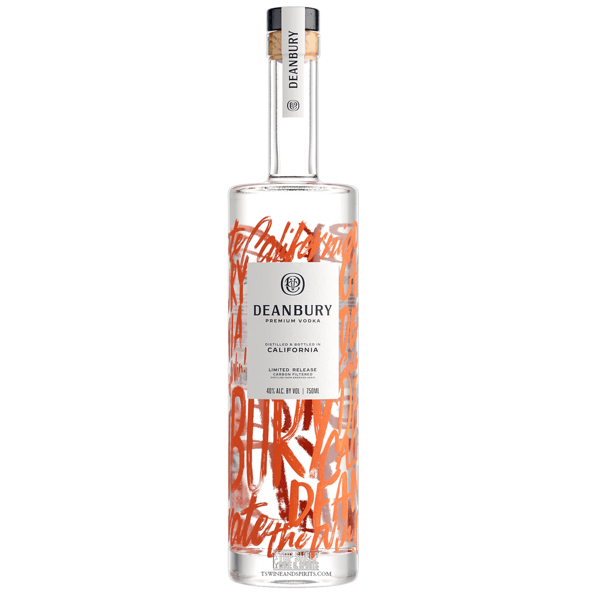 Deanbury Premium Vodka bottle, a smooth, gluten-free vodka distilled in California, featuring unique design.