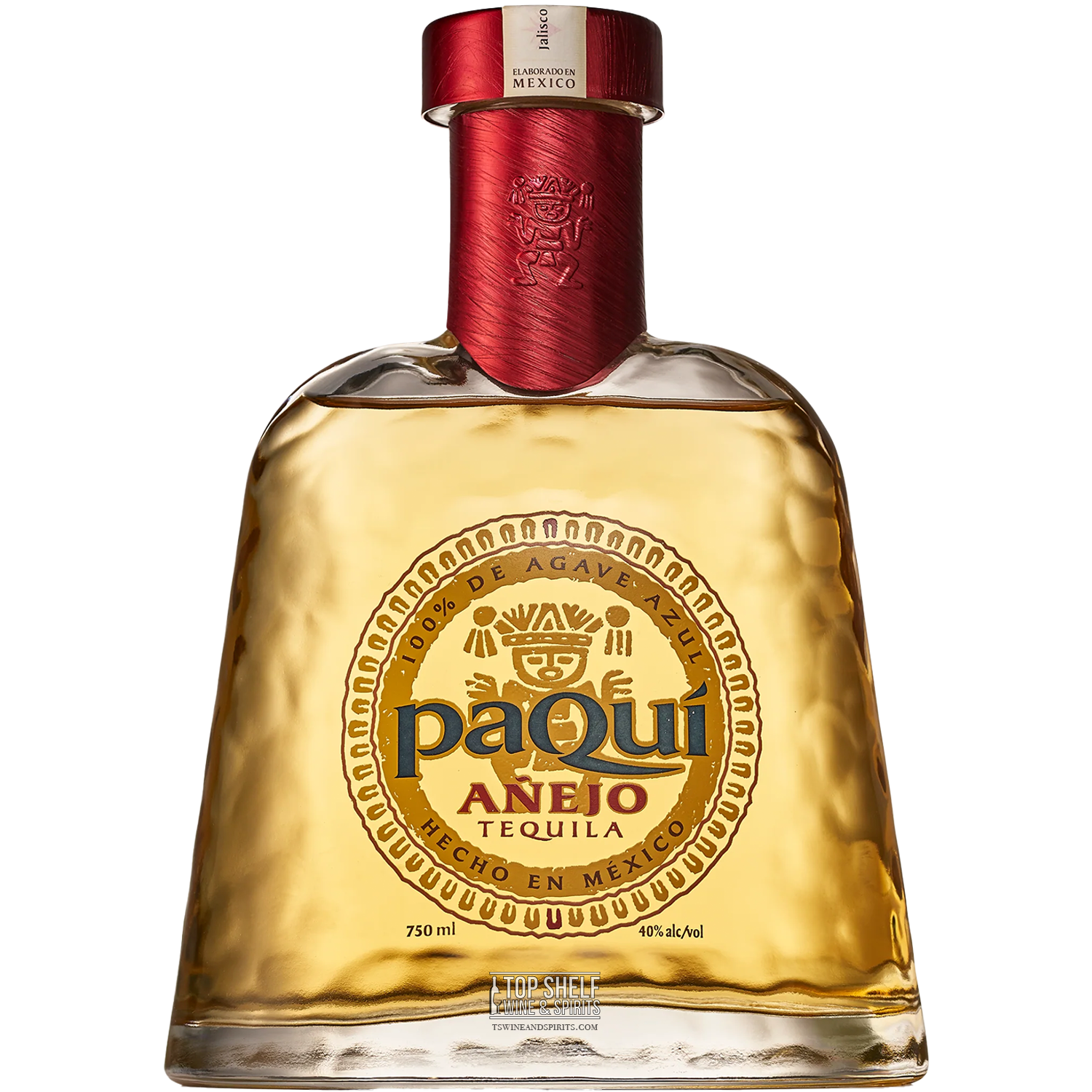 Bottle of PaQuí Añejo Tequila, showcasing its artisanal craftsmanship and inviting golden hue.