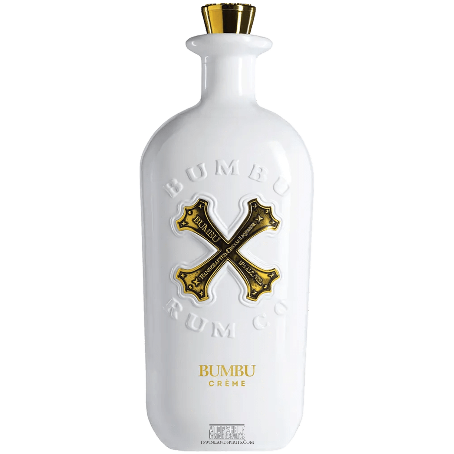 Bumbu Crème Rum bottle featuring a sleek white design and golden accents, perfect for cocktails or sipping.