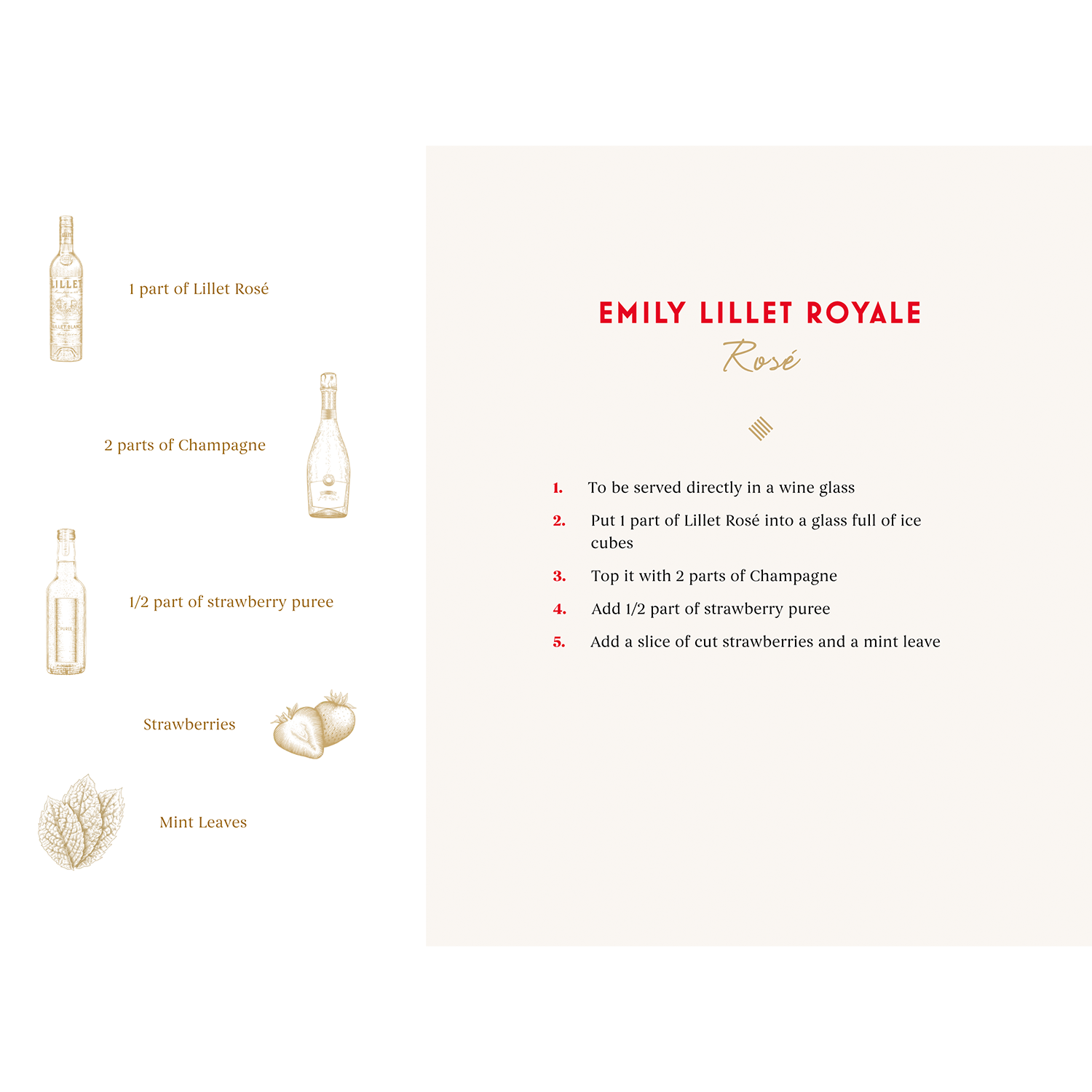 Recipe for Emily Lillet Royale Rosé drink with ingredient list and preparation steps.