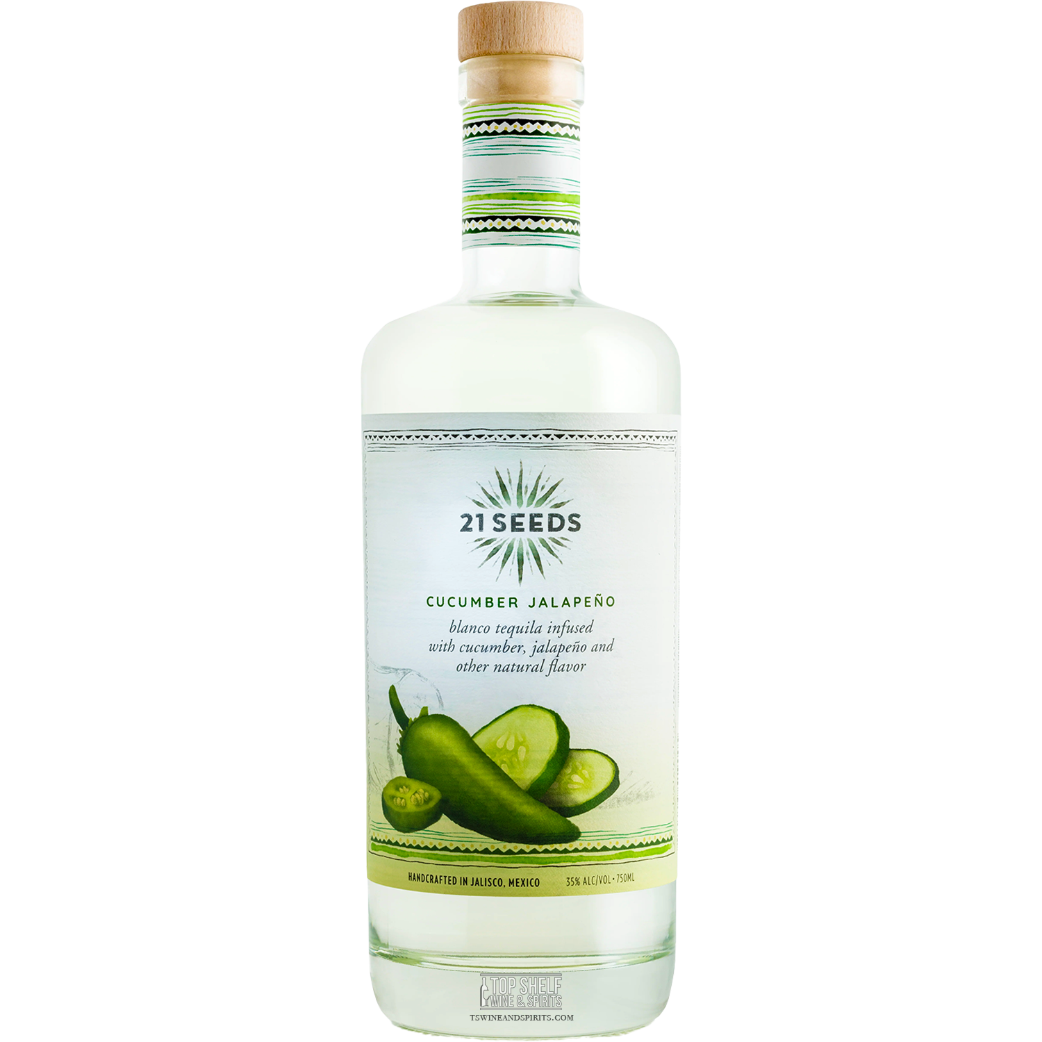 21 Seeds Cucumber Jalapeño Tequila bottle featuring cucumber and jalapeño ingredients, award-winning flavor.