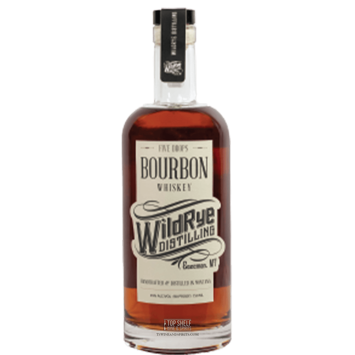 WildRye Distilling Five Drops Bourbon whiskey bottle showcasing handcrafted craftsmanship and Montana heritage.