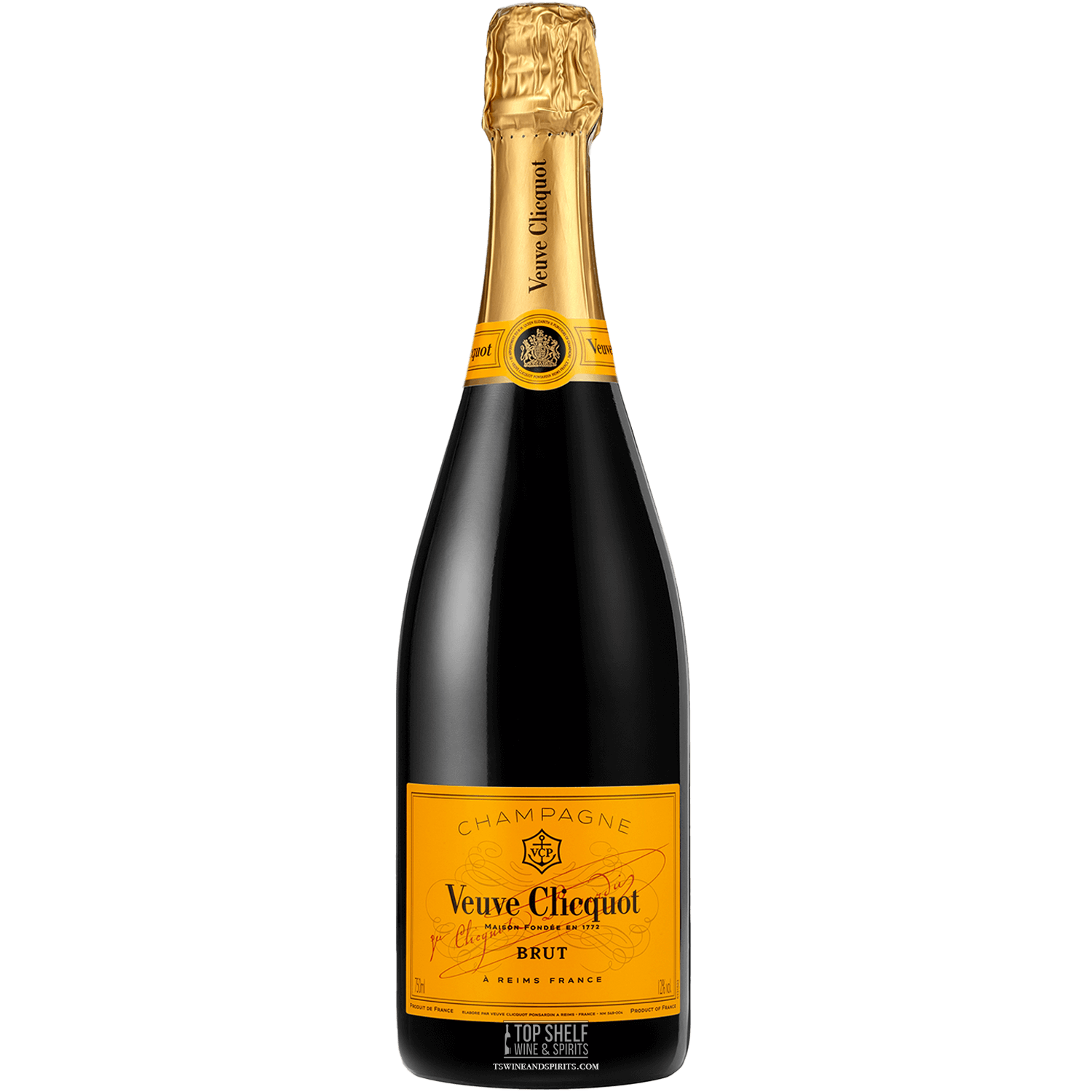 Veuve Clicquot Brut Champagne bottle with yellow label, showcasing its signature quality and style.