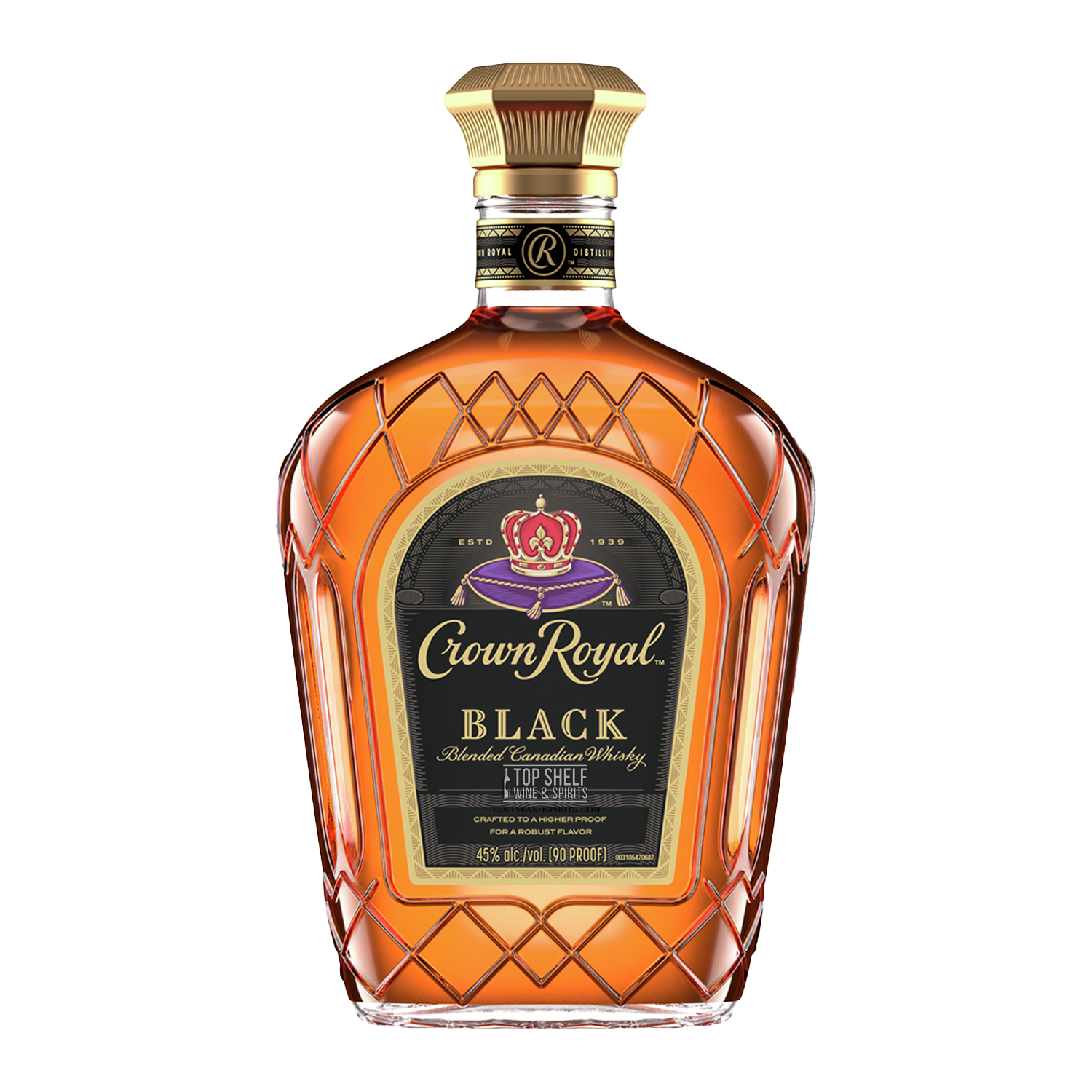 Crown Royal Black blended Canadian whisky bottle with signature packaging and rich amber color.