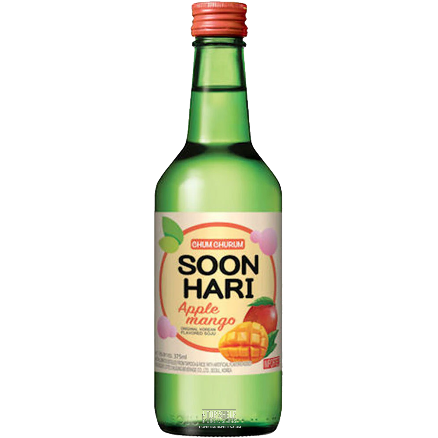 Chum Churum Soon Hari Apple Mango Soju bottle showcasing light, crisp flavors in a clear distilled spirit.