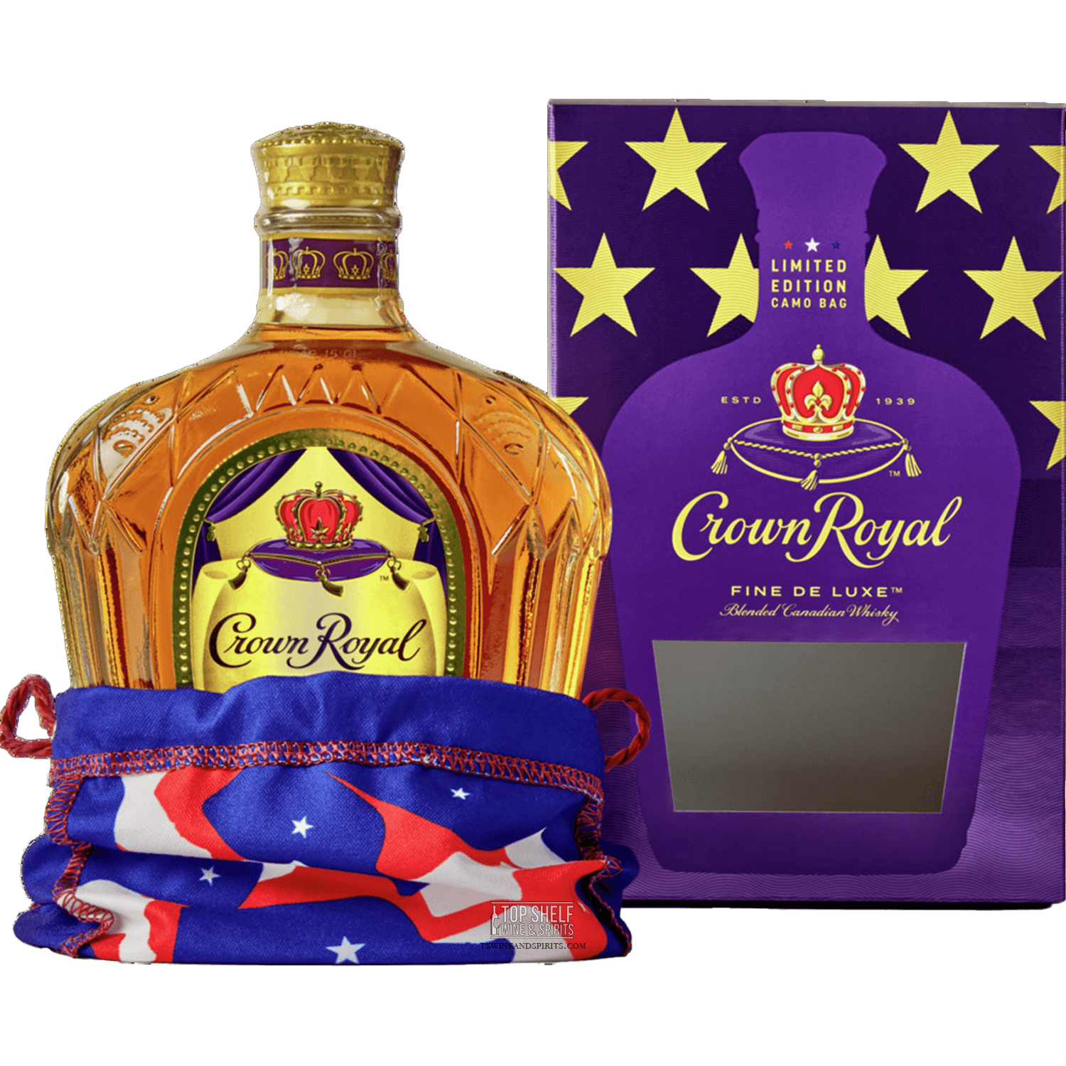 Crown Royal Camo Whisky Limited Edition bottle and packaging with stars and camo design.