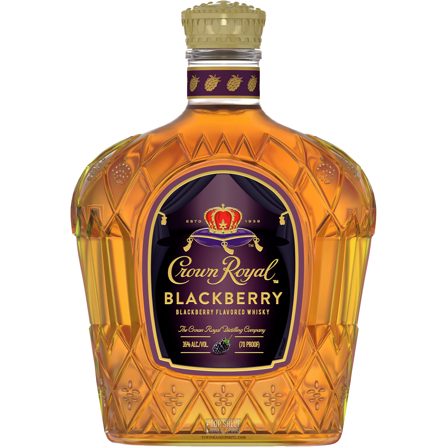 Crown Royal Blackberry Flavored Whisky bottle with vibrant design, infused with juicy blackberry flavor for summer.