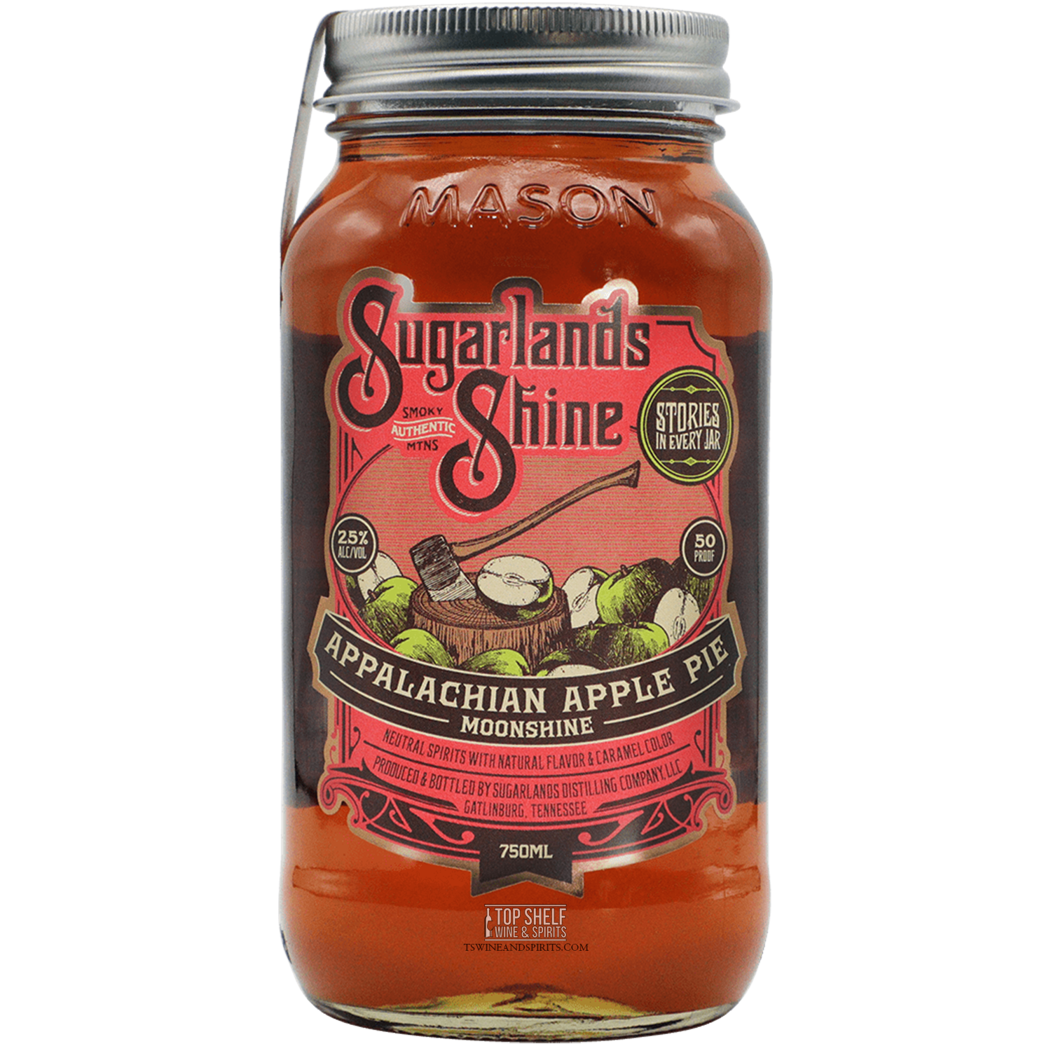 Sugarlands Shine Appalachian Apple Pie Moonshine in a mason jar, showcasing its rich amber color and fruit design.