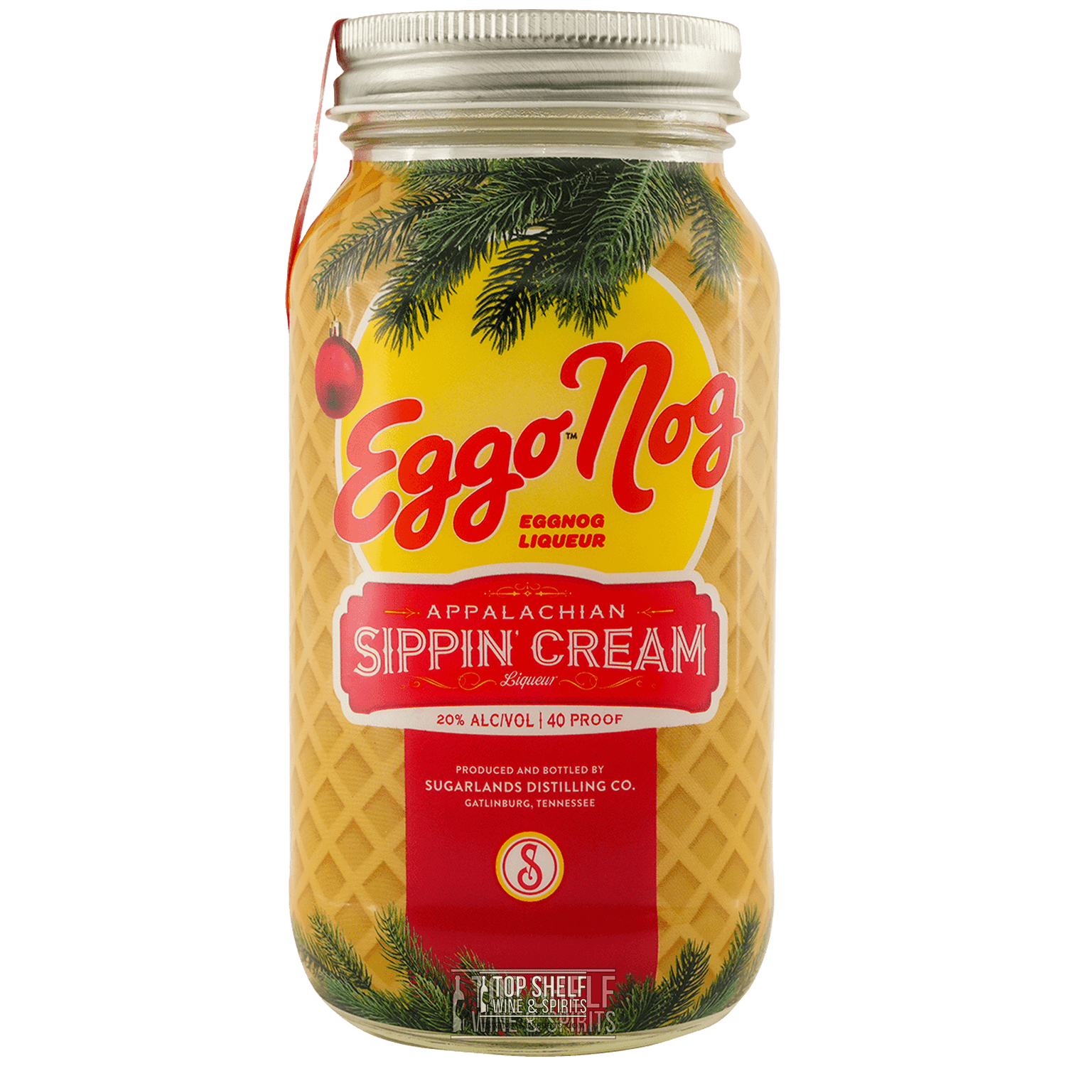 Eggo Nog Appalachian Sippin' Cream liqueur in decorative jar with holiday design and 20% alcohol.