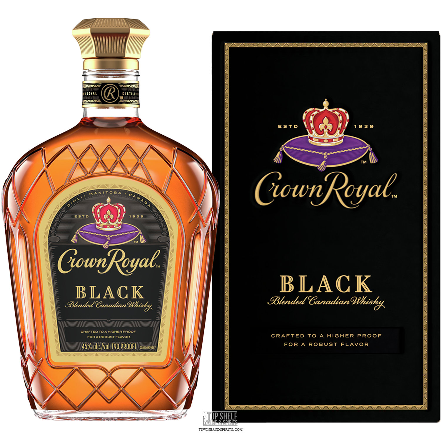 Crown Royal Black Blended Canadian Whisky bottle and packaging, showcasing rich amber color and bold flavor.