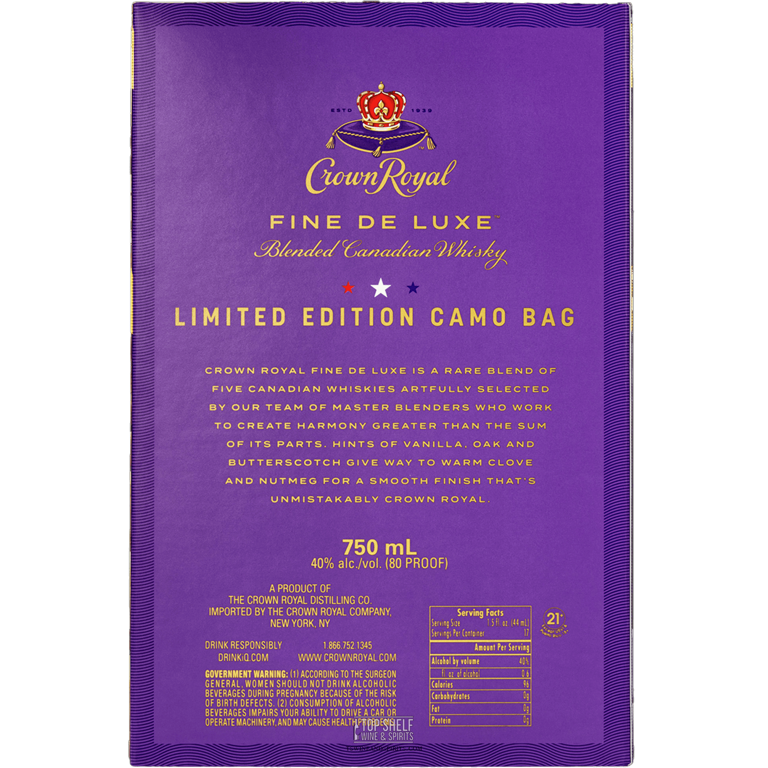 Crown Royal Limited Edition Camo Bag with whisky details and stylized branding, 750 mL size.