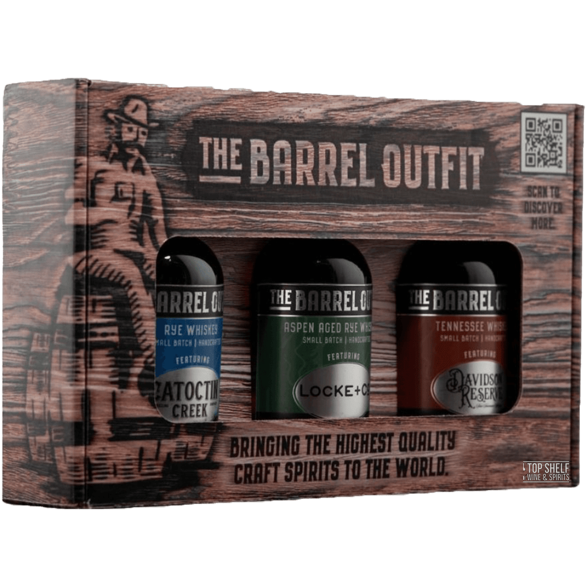 The Barrel Outfit Variety 3 Pack featuring three craft whiskey bottles in a wooden-themed box.