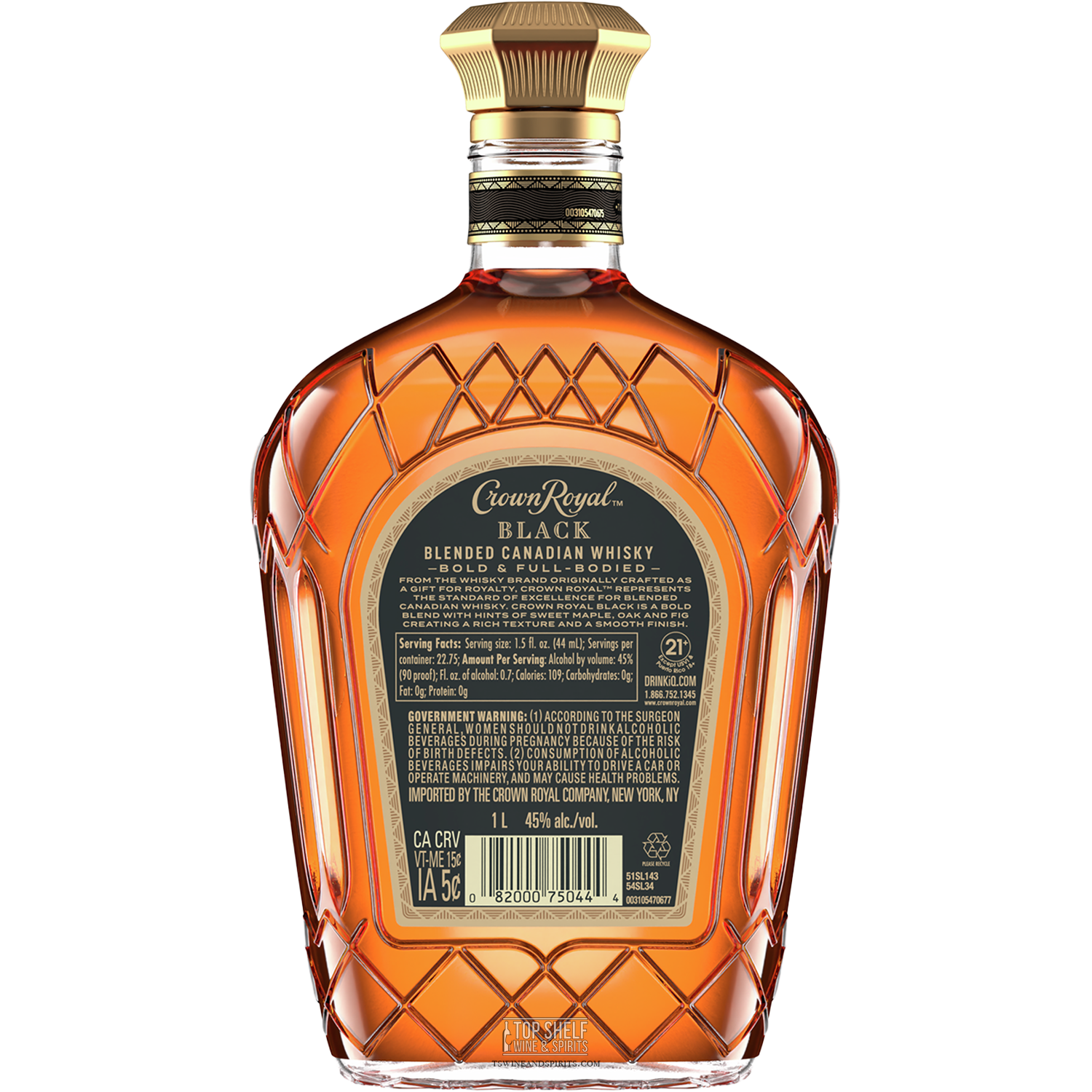 Crown Royal Black blended Canadian whisky bottle, 1L, featuring a distinctive diamond-shaped design and bold flavor profile.
