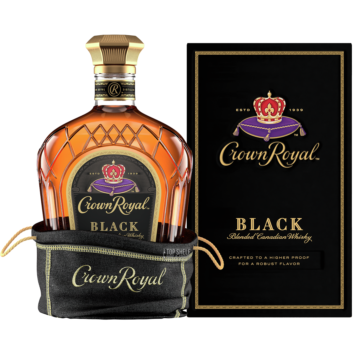 Crown Royal Black Canadian Whisky bottle in velvet bag with packaging, offering a rich and smooth flavor.