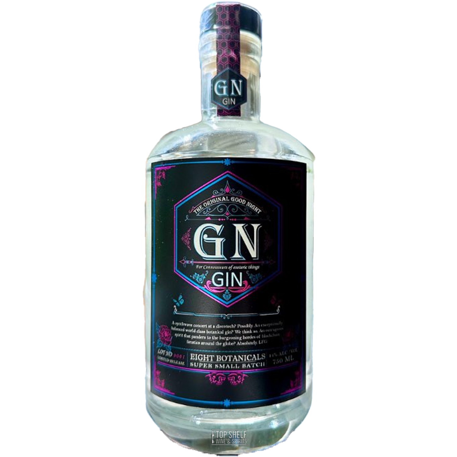 Good Night Gin bottle featuring elegant design and rich floral accents, perfect for evening enjoyment.