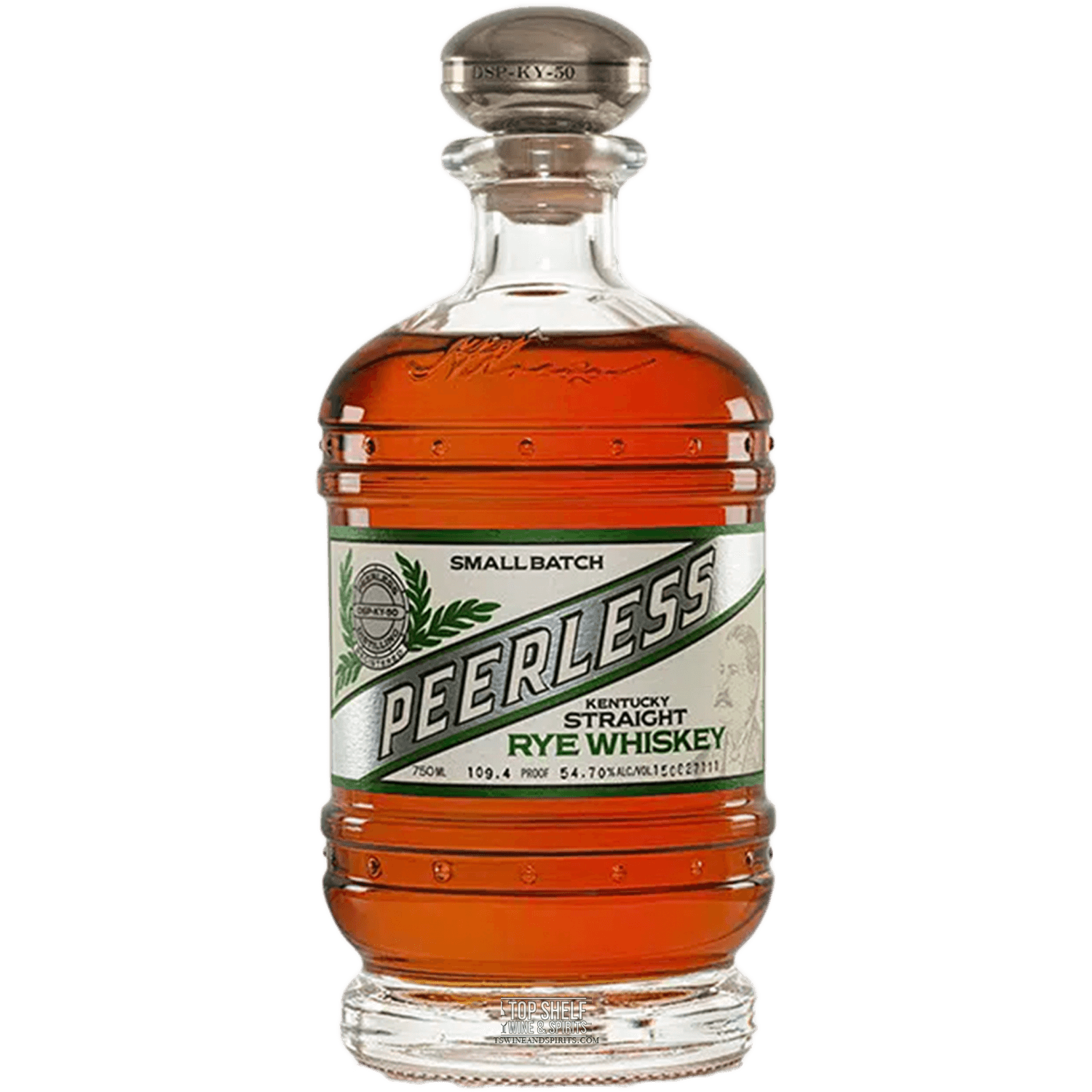 Peerless Kentucky Straight Rye Whiskey bottle showcasing its unique design and rich amber color.