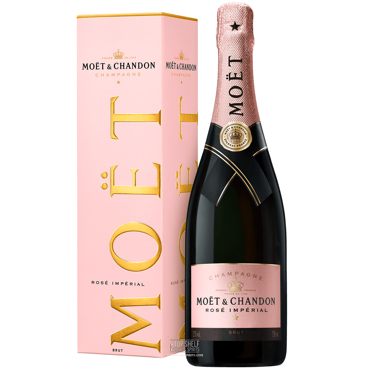 Moët & Chandon Rosé Impérial champagne bottle and elegant pink packaging.