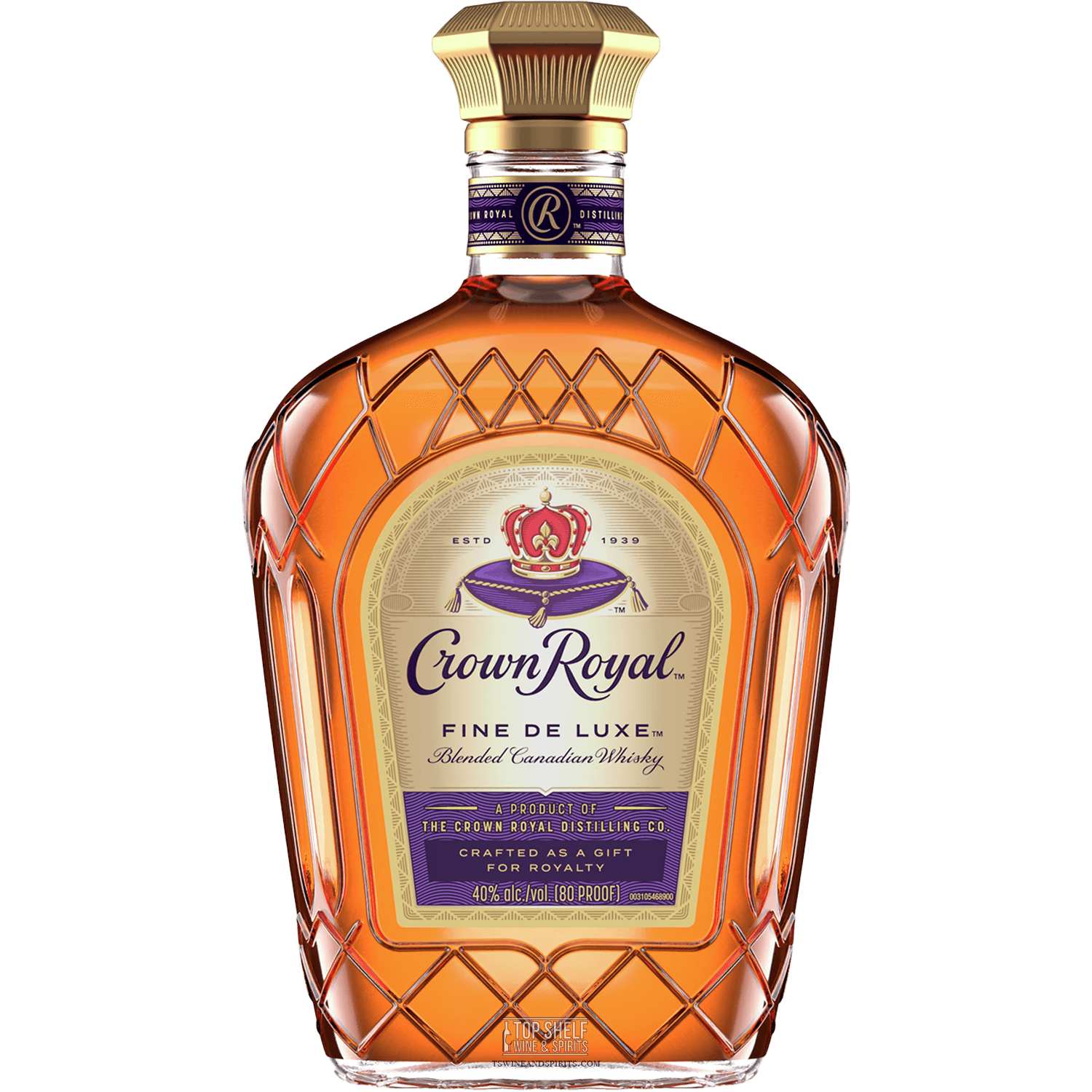 Bottle of Crown Royal Deluxe Canadian Whisky showcasing its smooth amber liquid and updated packaging design.