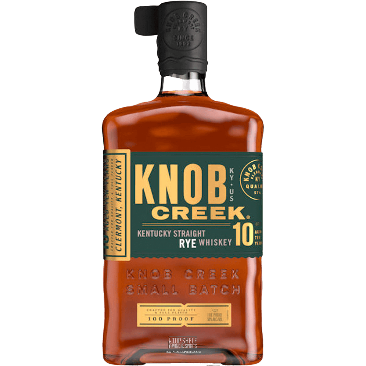 Knob Creek Kentucky 10 Year Rye whiskey bottle showcasing rich caramel and oak flavors, 100 proof, small batch.